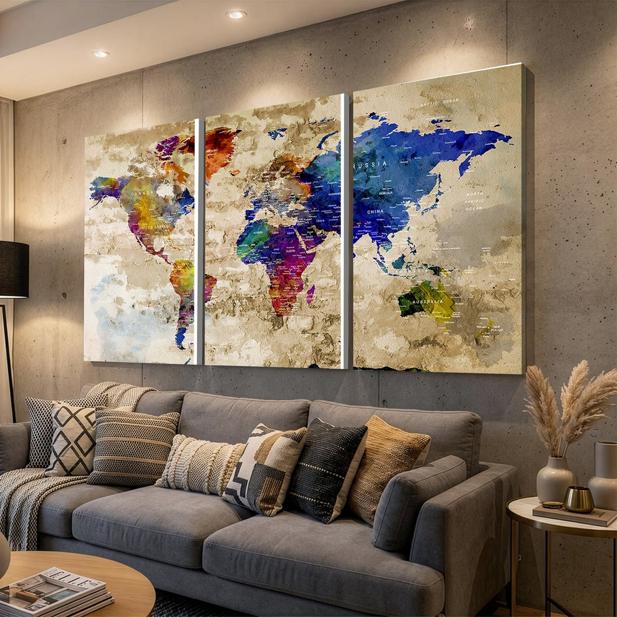Colorful World Map Canvas Wall Art | Abstract Watercolor Map Print