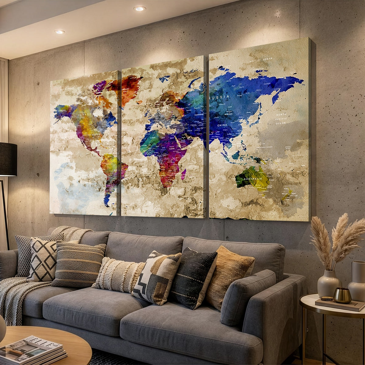 92939-MGV-CV-24X16 - Colorful World Map Canvas Wall Art | Abstract Watercolor Map Print