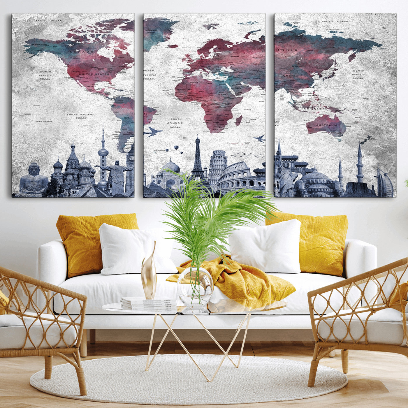 MGV-CV-60X30-3P - Push Pin World Map Canvas Print – Framed Wall Art for Couples to Track Their Travels – Anniversary