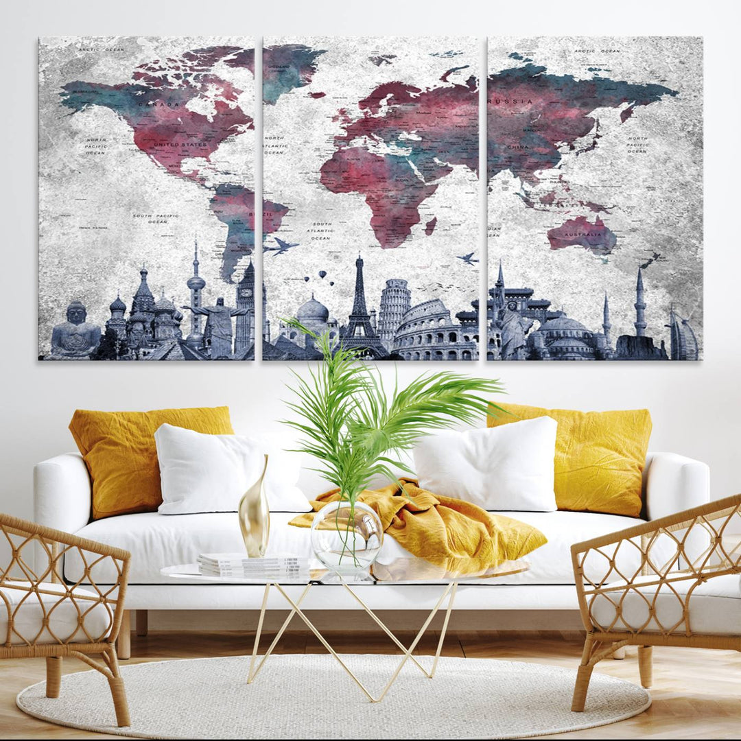 The dining room features a Blue Multipanel World Map Wall Art Canvas Print that adorns the wall, highlighting its neutral decor.