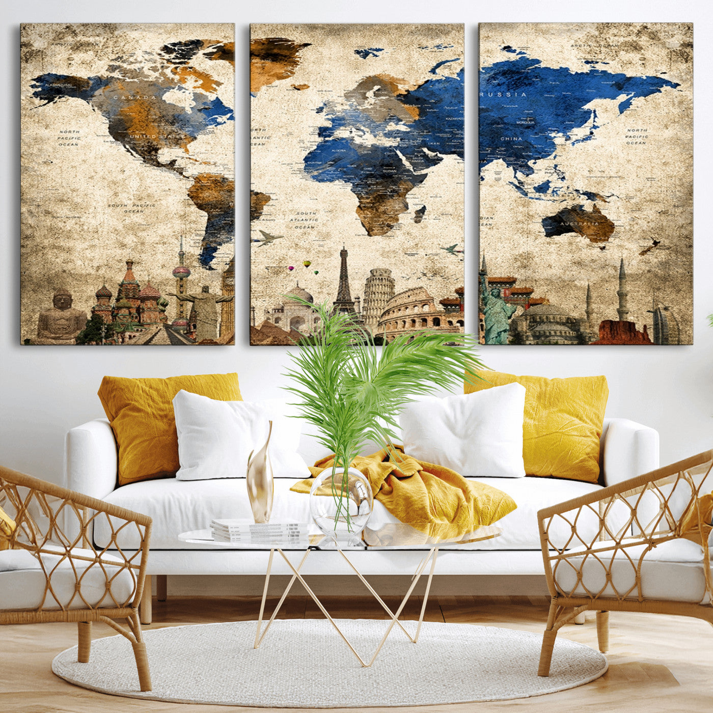 MGV-CV-60X30-3P - Push Pin World Map Canvas Print – Framed Wall Art for Couples to Track Their Travels – Anniversary