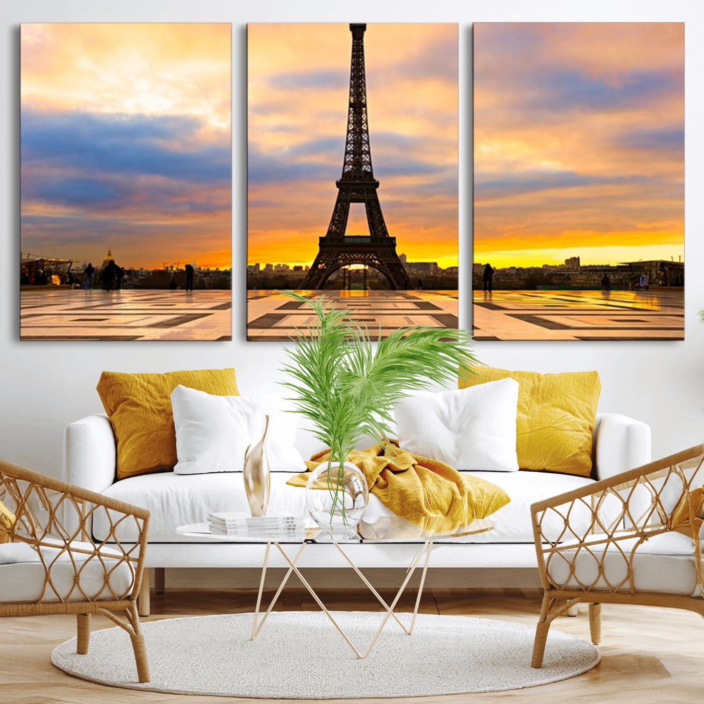 MGV-CV-60X30-3P - Paris Eiffel Tower Sunset Canvas Wall Art Print - Iconic Landmark Decor with Vibrant Colors