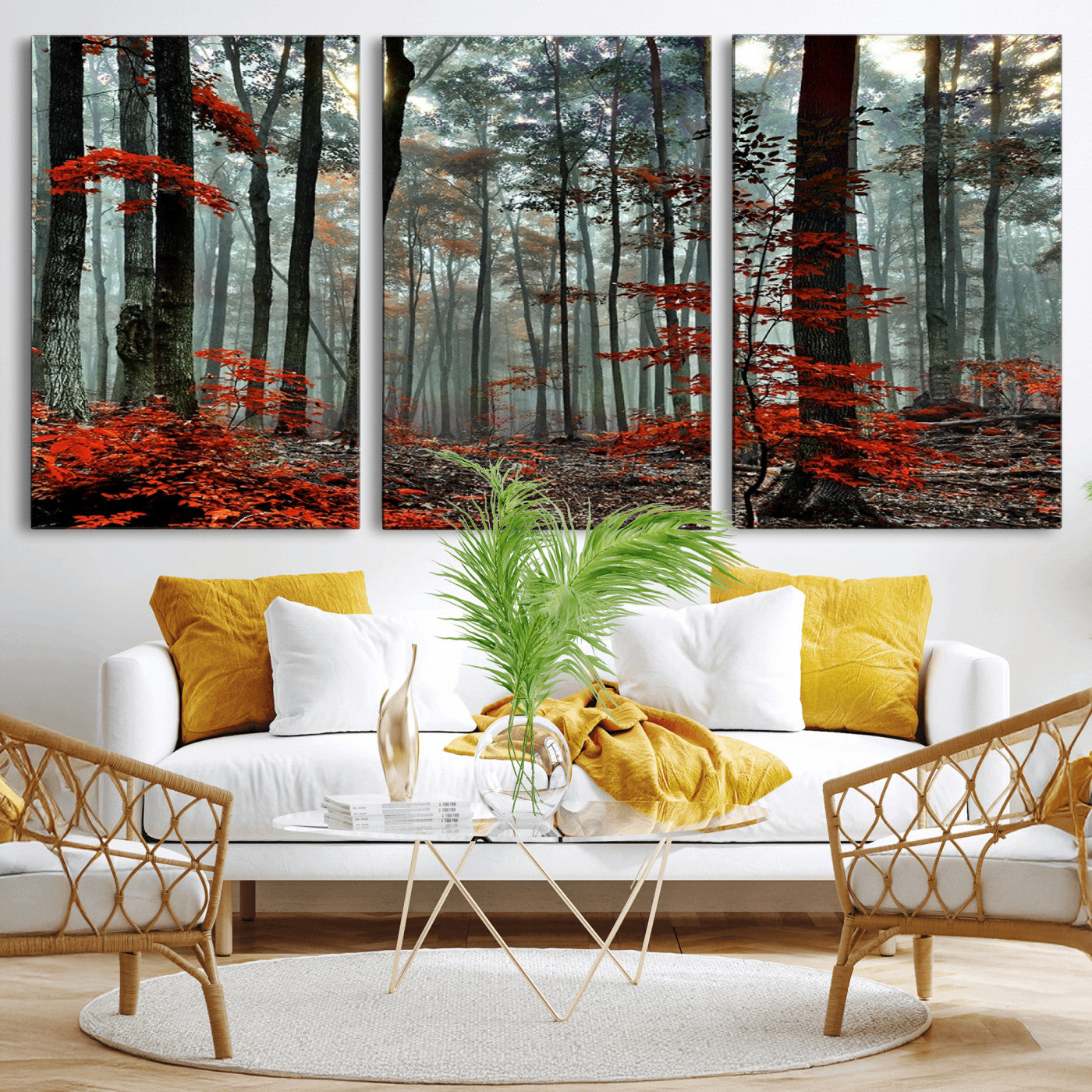 59209-MGV-CV-36X24-Autumn Forest Canvas Wall Art – Enchanting Red Leaves Triptych Print – Nature-Inspired Decor for Living Room or Office – Ready to Hang