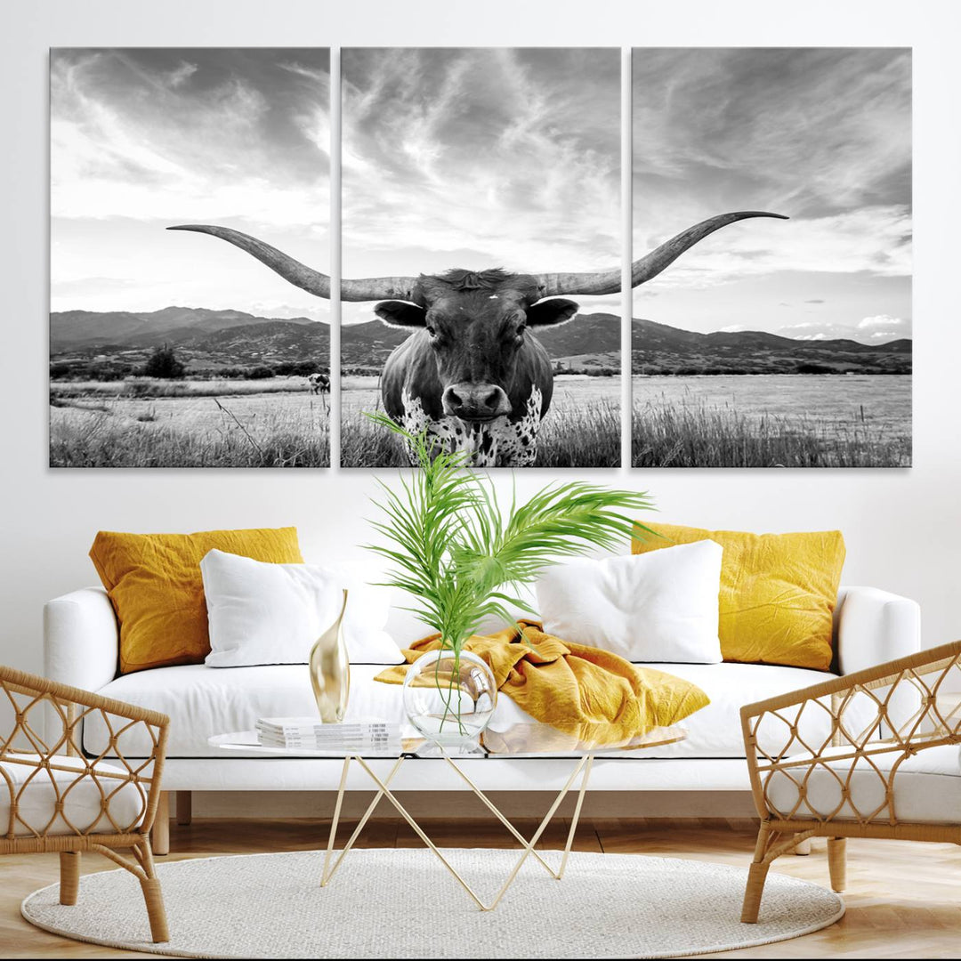 Longhorn Cow Wall Art Canvas Print Farmhouse Wall Art - Texas Longhorn Wall Art Print