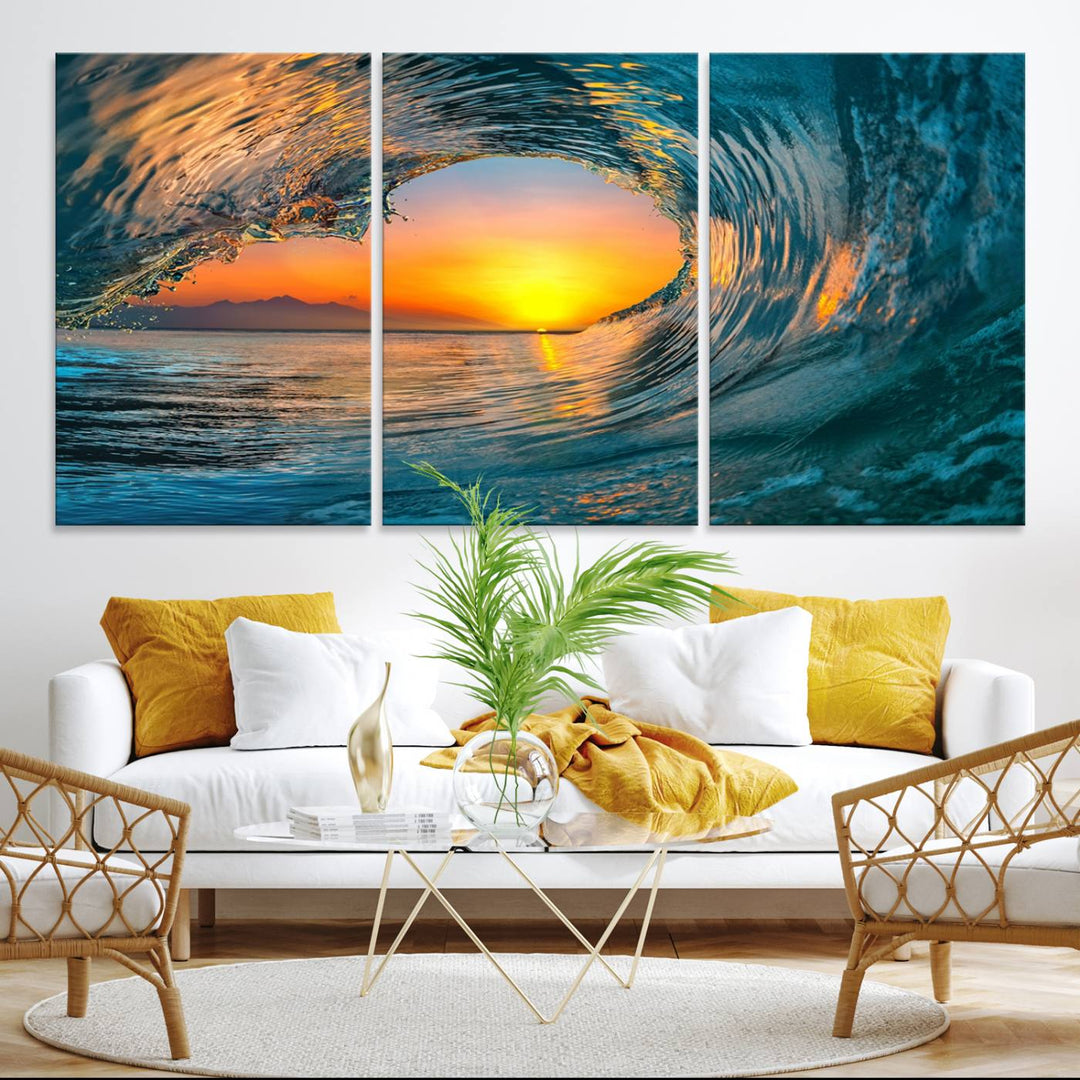 The Ocean Wave Sunset Wall Art canvas print features a vibrant ocean wave at sunset, forming a tunnel with silhouetted mountains.