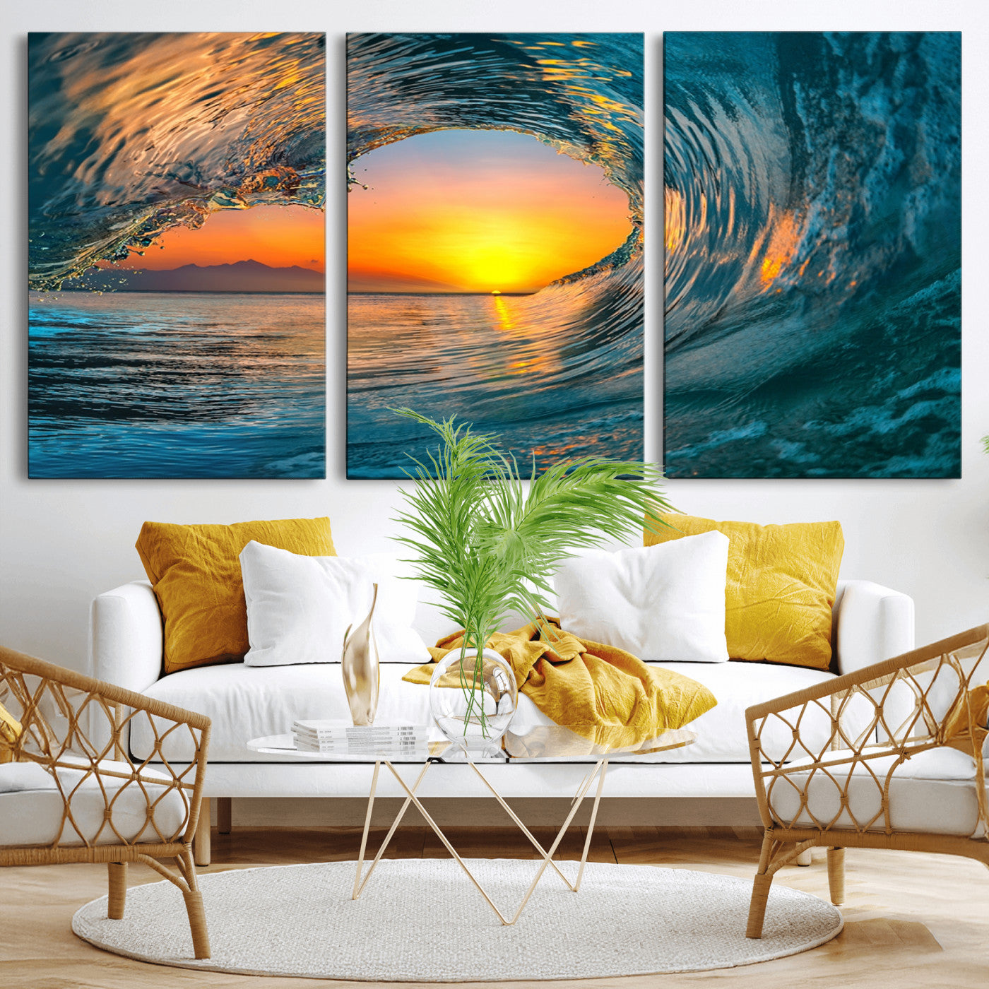 MGV-CV-60X30-3P - Ocean Wave Sunset Wall Art | Large Coastal Wave Canvas Print | 3-Panel Ocean Sunset Seascape for