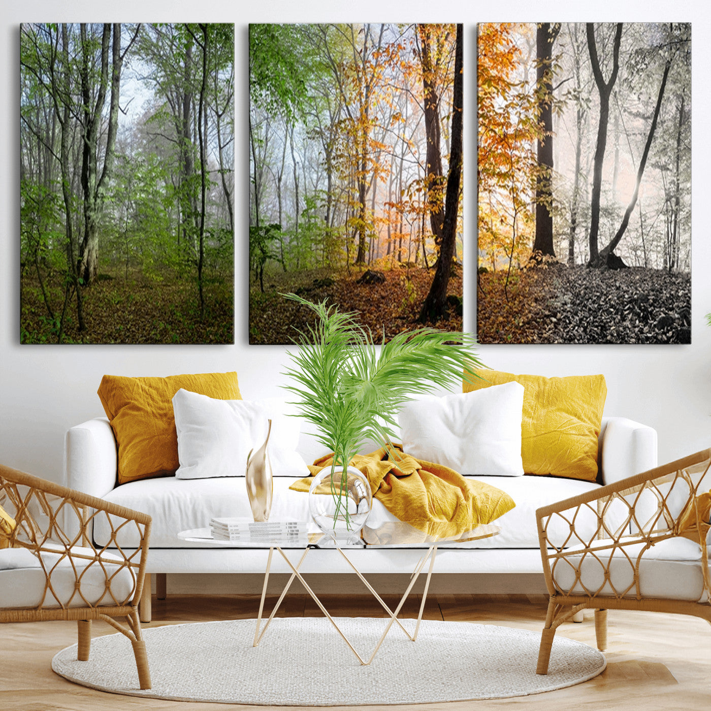 MGV-CV-60X30-3P - Four Seasons Wall Art Forest Canvas Print – Triptych Seasonal Nature Print – Landscape Decor for