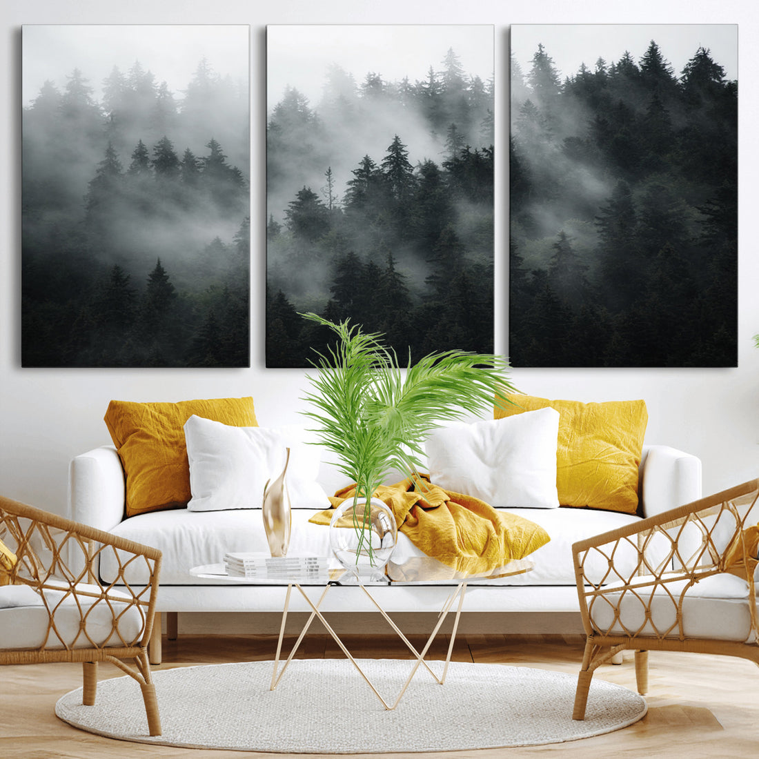 Foggy Forest Wall Art Canvas Print | 3 Panel Large Misty Landscape