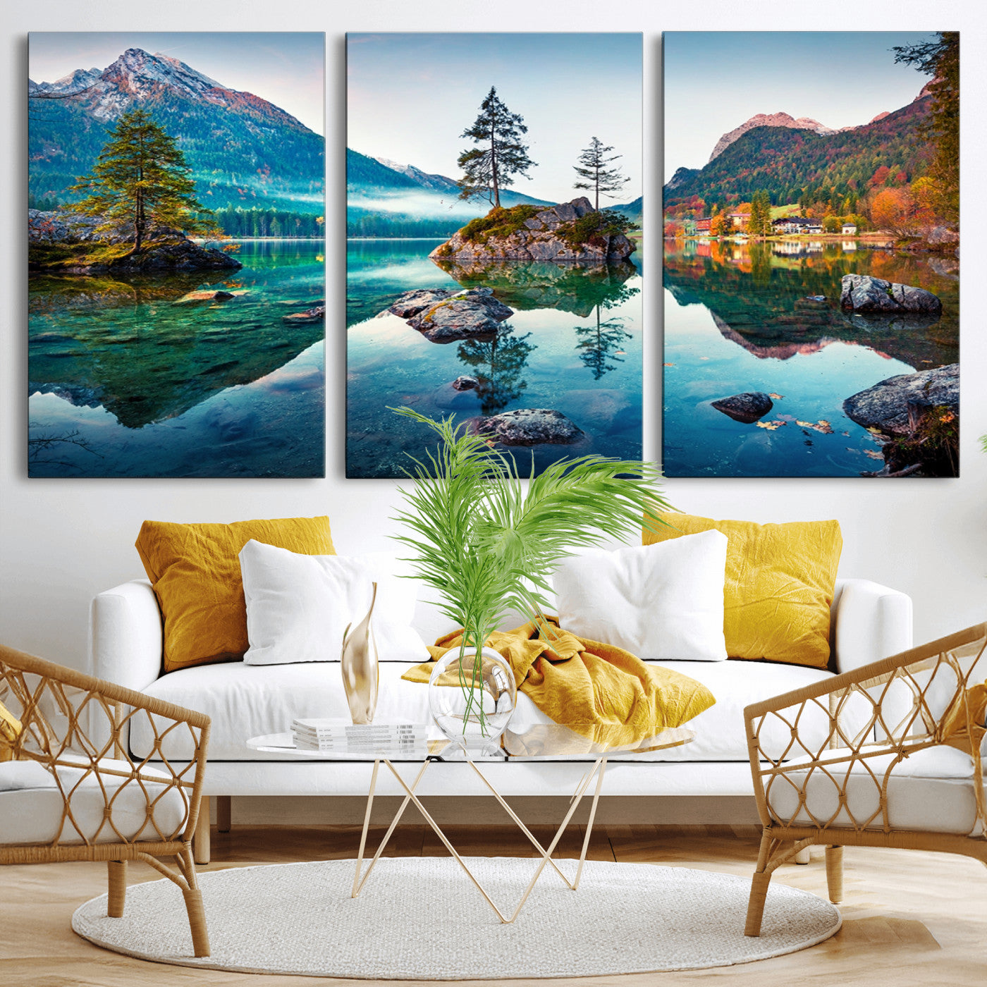 -Crystal Clear Lake Wall Art | Mountains Wall Art Canvas | 3 Panel Large Landscape Print for Dining