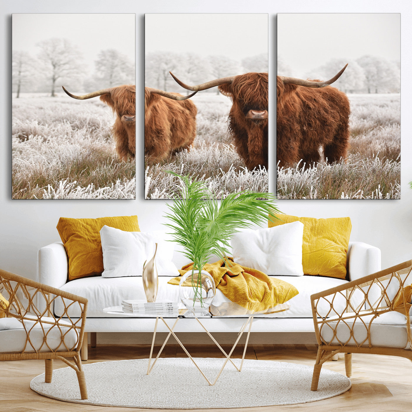 MGV-CV-60X30-3P - Longhorn Cattle Wall Art Canvas Print, Framed Farmhouse Style Art Picture Print, Rustic Cow Perfect Rustic Farmhouse Decor Artwork