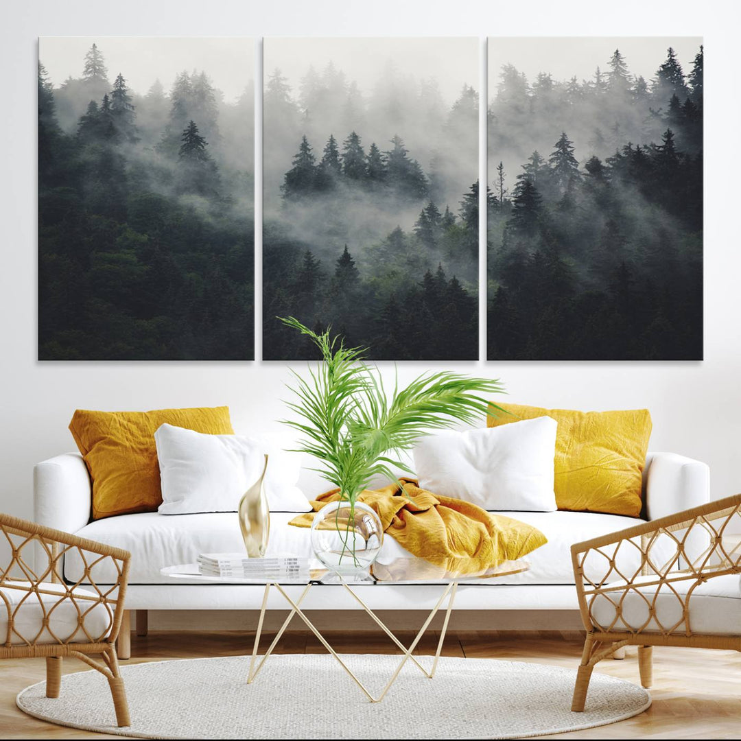 The Serene Triptych Print features tall evergreens, creating a mysterious and calming atmosphere.