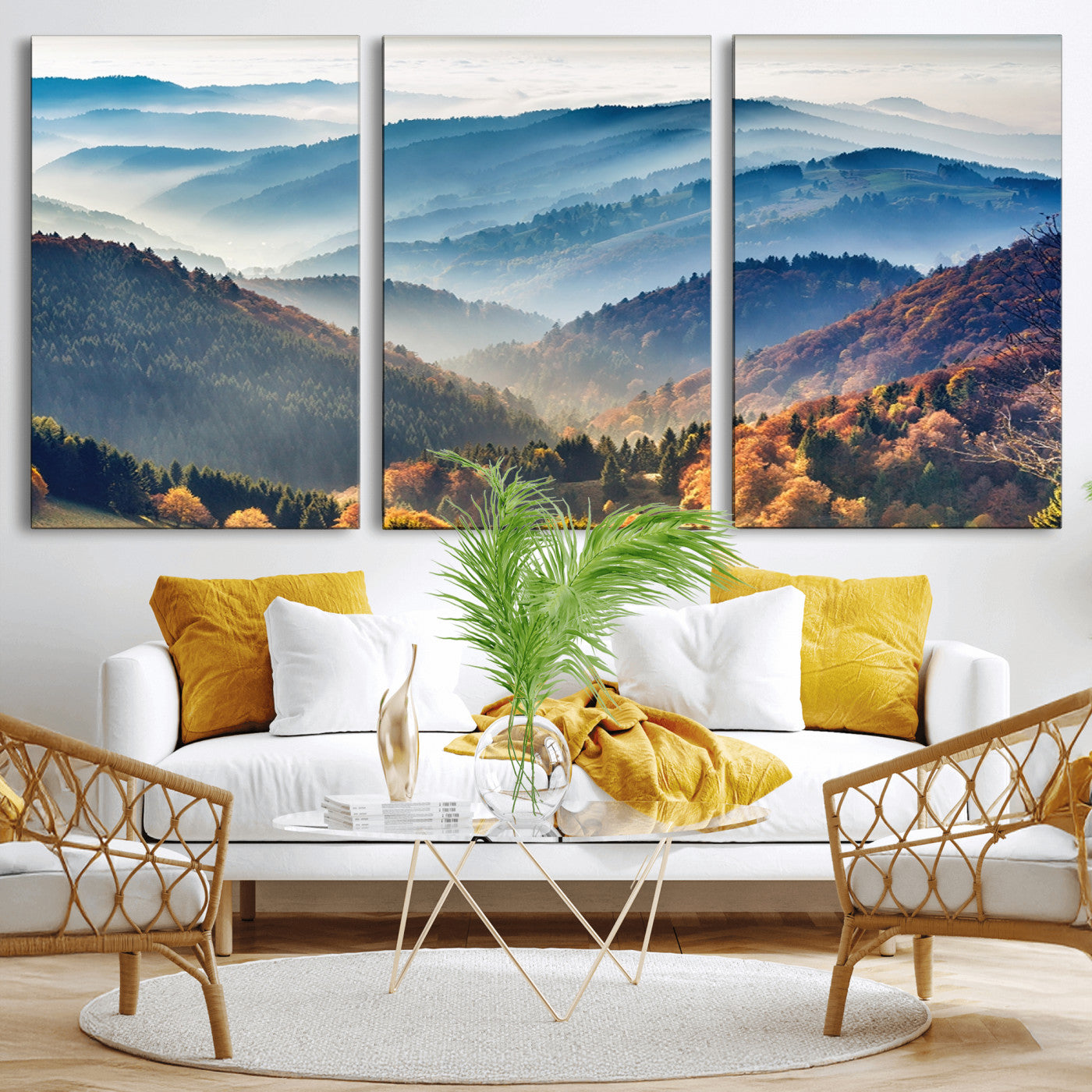 MGV-CV-60X30-3P - Misty Mountain Sunrise Triptych Canvas Print – Autumn Landscape Wall Art – Scenic Nature Decor –