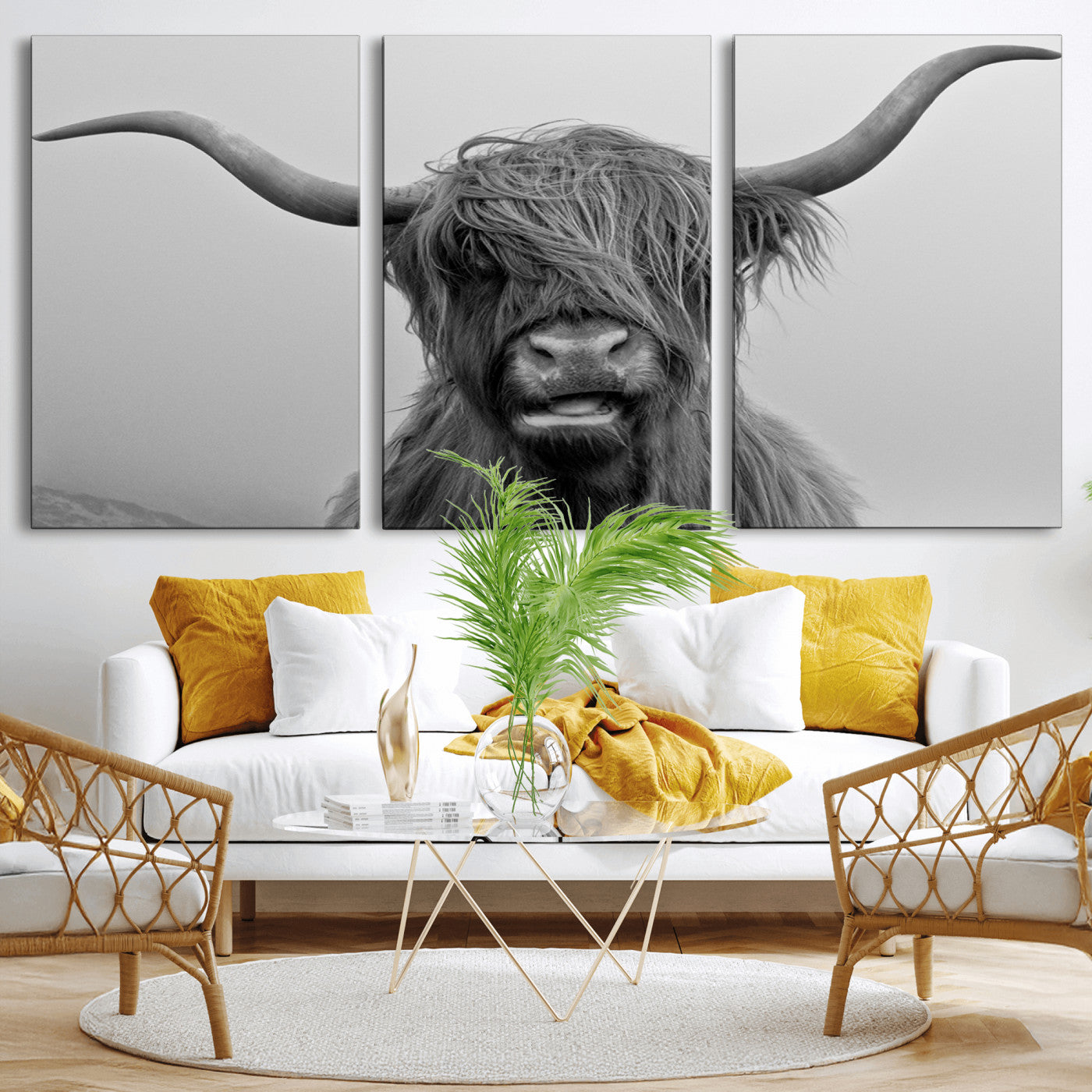 MGV-CV-60X30-3P - Texas Cow Wall Art Canvas, Texas Longhorn Cattle Canvas Print