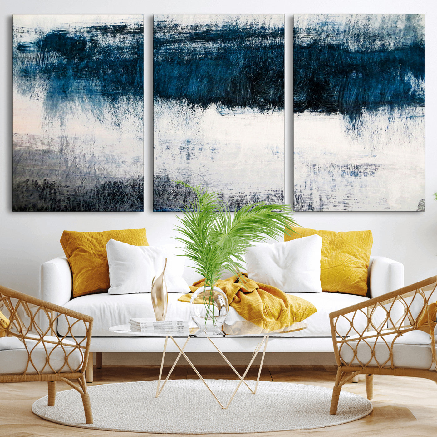 38954-MGV-CV-36X24-Abstract Blue and White Canvas Art | Large Wall Art for Modern Living Room Decor | Minimalist Brushstroke Painting on Canvas