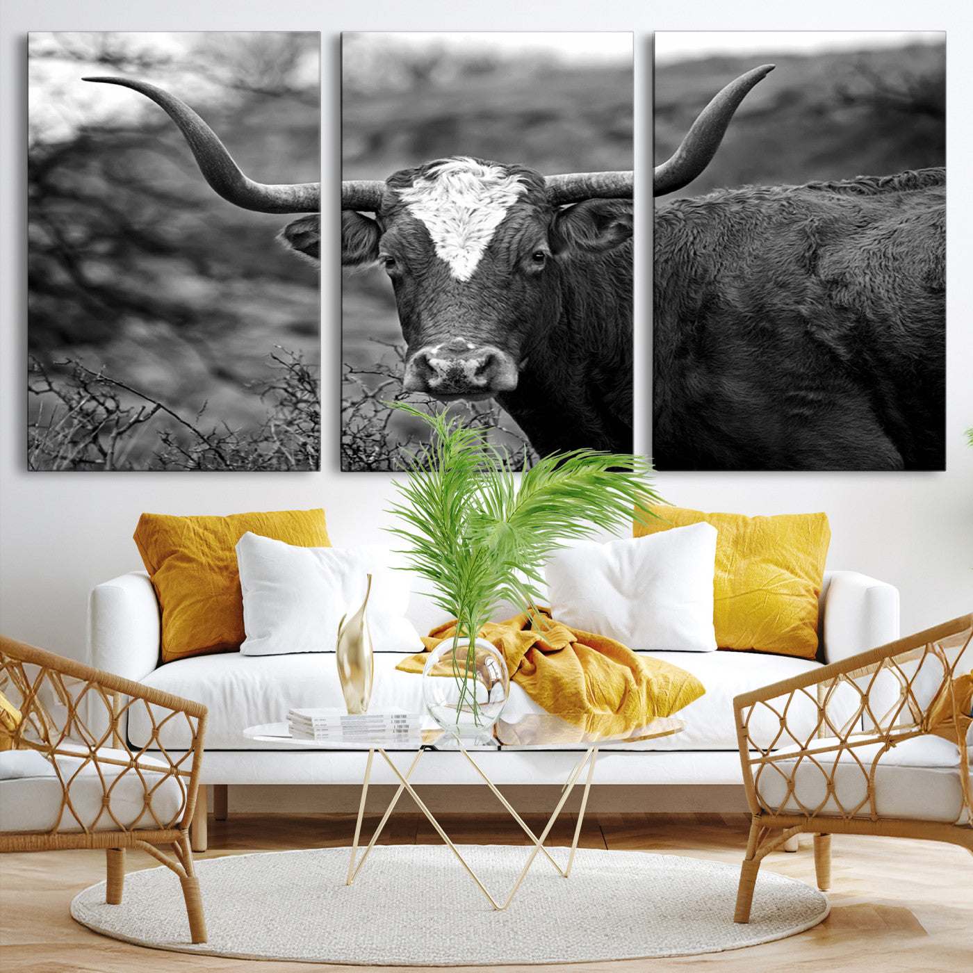 76200-MGV-CV-36X24-Western Home Wall Art Canvas Print, Framed Texas Longhorn Art Picture Print, Rustic Cow Perfect Rustic Farmhouse Decor Artwork