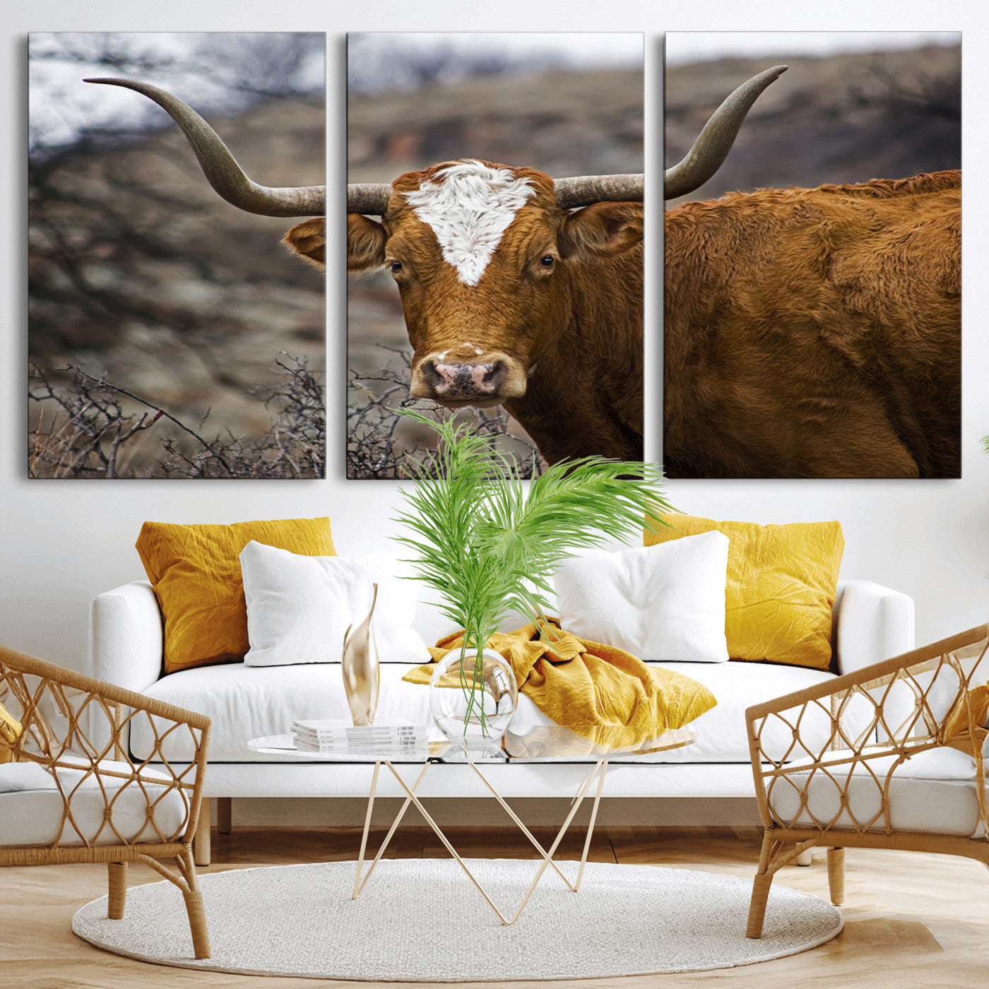 MGV-CV-60X30-3P - Texas Longhorn Canvas Wall Art - Longhorn Steer Canvas Wall Art Print- Rustic Western Animal Print,