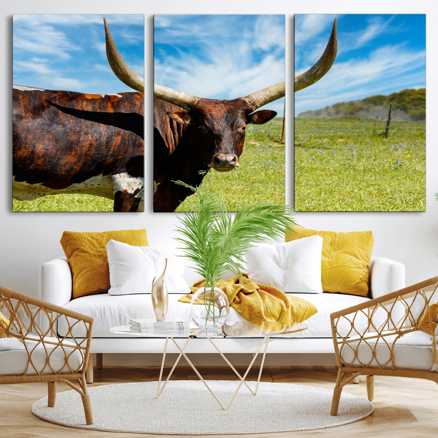 47037-MGV-CV-36X24-Longhorn and Cow Wall Art, Country Cow Wall Decor Canvas Print