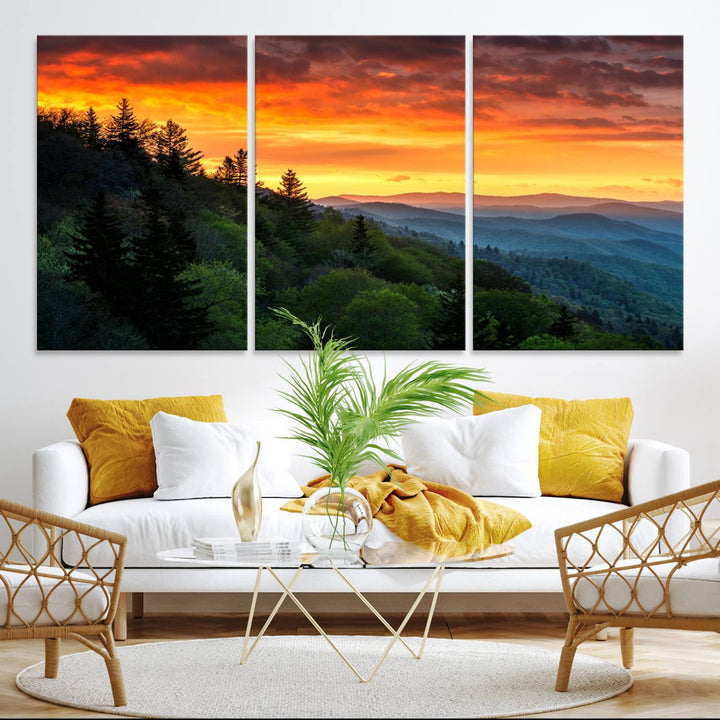 The Great Smoky Mountains Sunset Wall Art, a 3-panel print, beautifully captures natures beauty and is perfect for living room or office decor.