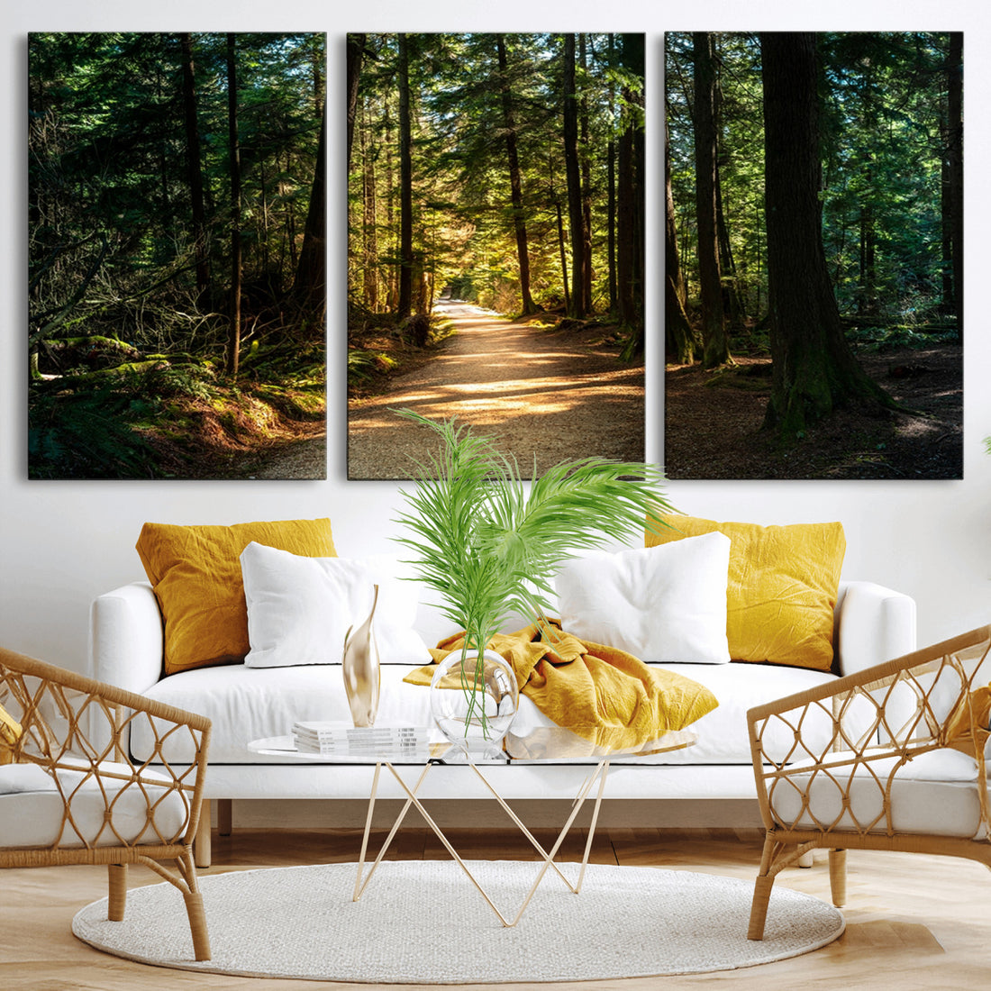 Sunlit Forest Pathway Canvas Print | 3 Panel Large Nature Wall Art