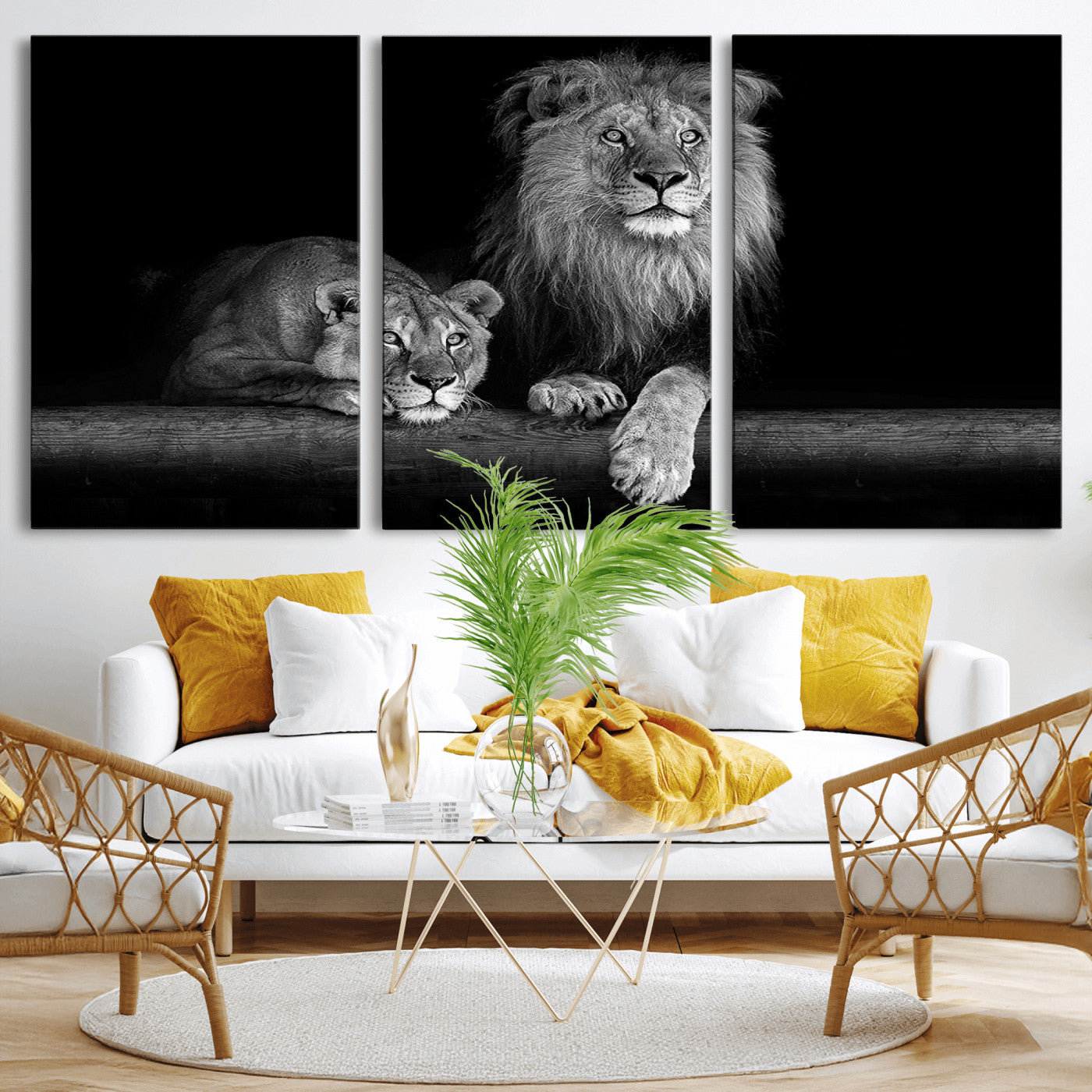 MGV-CV-60X30-3P - Large Black and White Lion Couple Wall Art Canvas Print