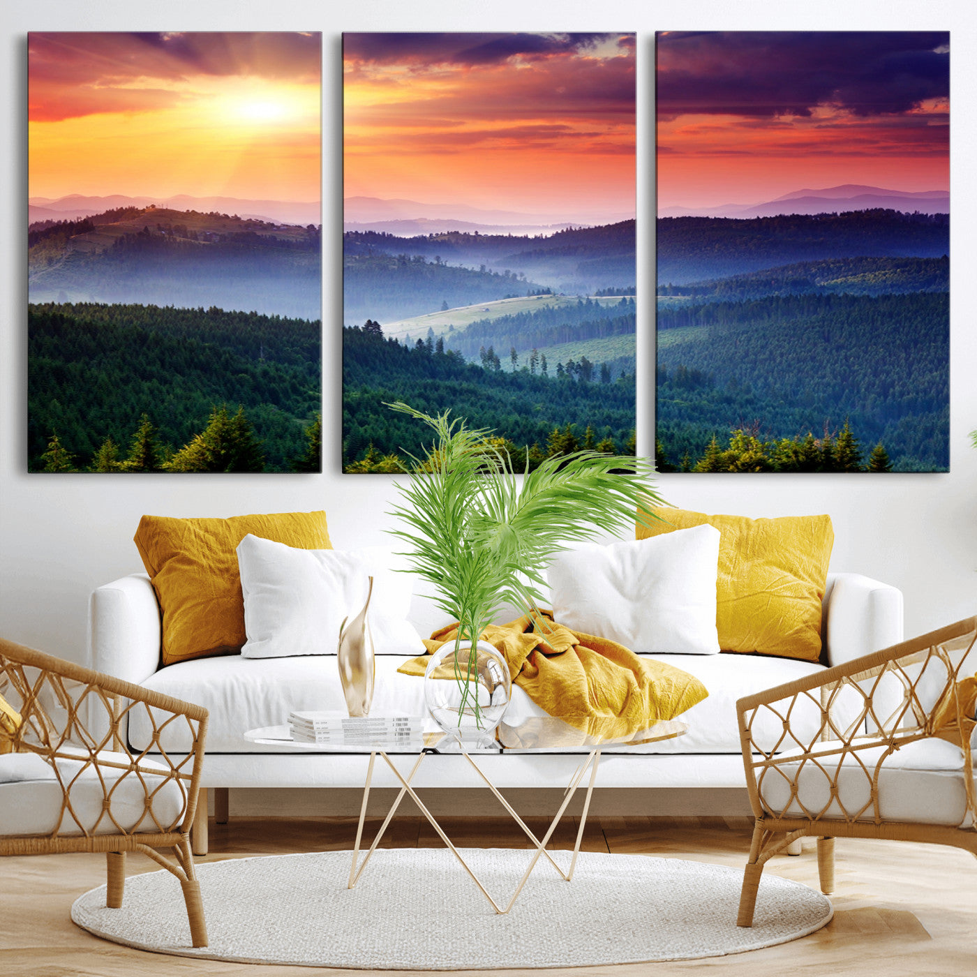 MGV-CV-60X30-3P - Beautiful Sunset over Hills Forest Landscape Canvas Wall Art Print