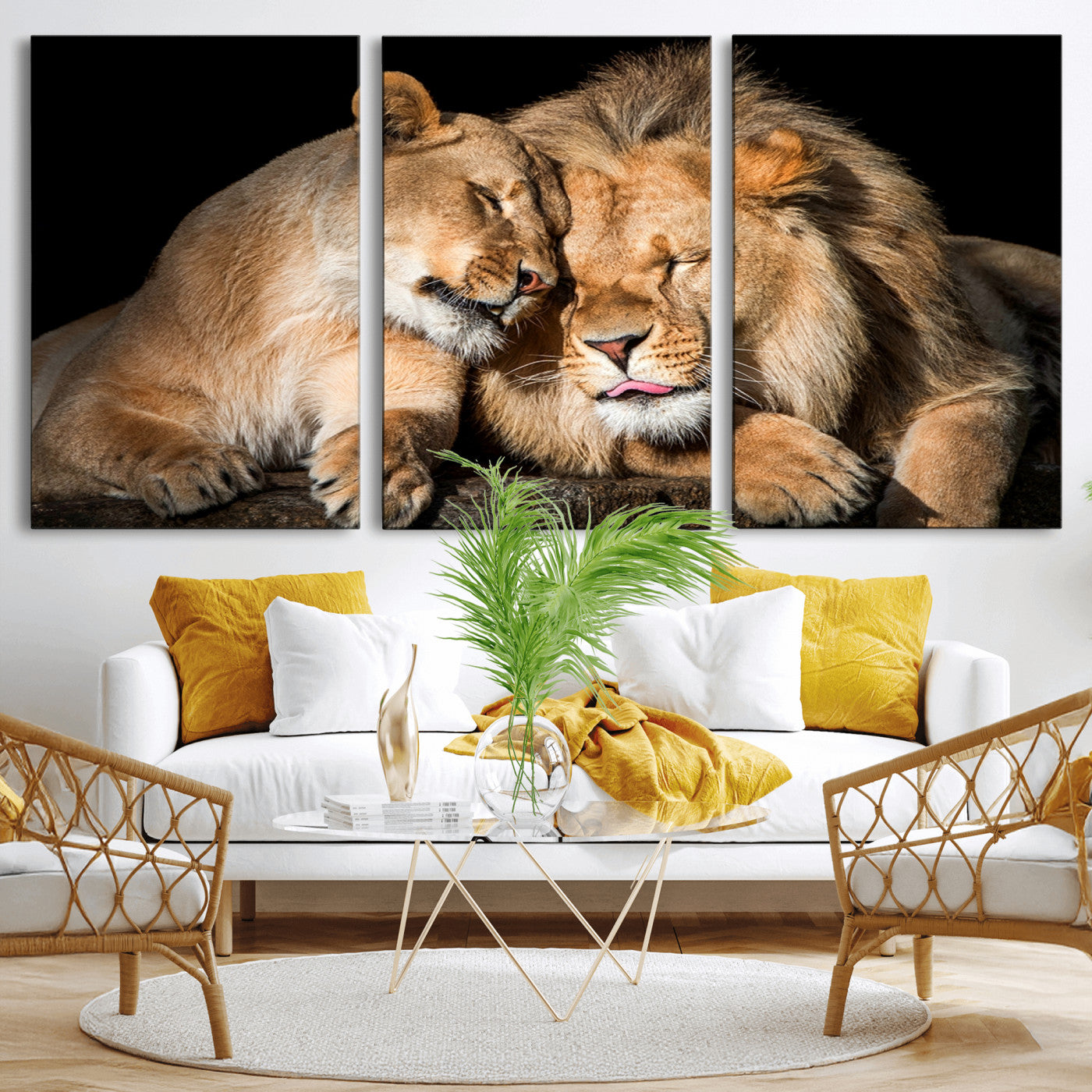 MGV-CV-60X30-3P - Lion and Lioness Wall Art Print Canvas | 3-Panel African Wildlife Canvas Print | Animal-Themed Art