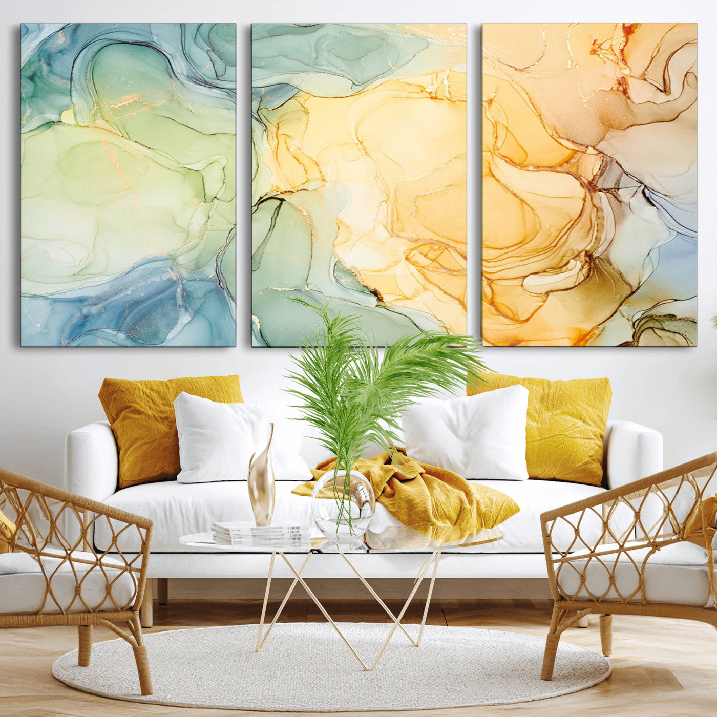 42195-MGV-CV-60X40-3P-Green and Yellow Marble Fluid Effect Wall Art, Green and Yellow Marble Canvas Wall Art Print