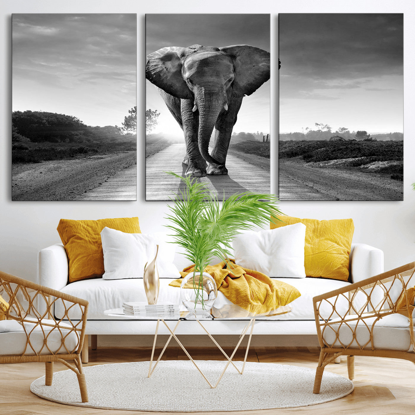 MGV-CV-60X30-3P - Black and White Elephant Wall Art Canvas Print