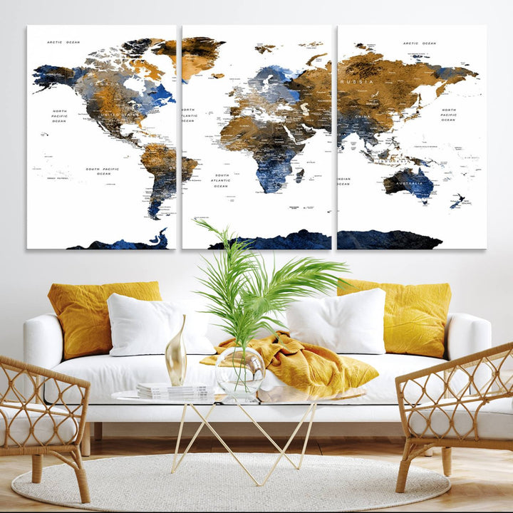 The Triptych Modern World Map Canvas in blue and brown is an ideal global decor piece for enhancing living rooms or offices. It comes ready to hang.