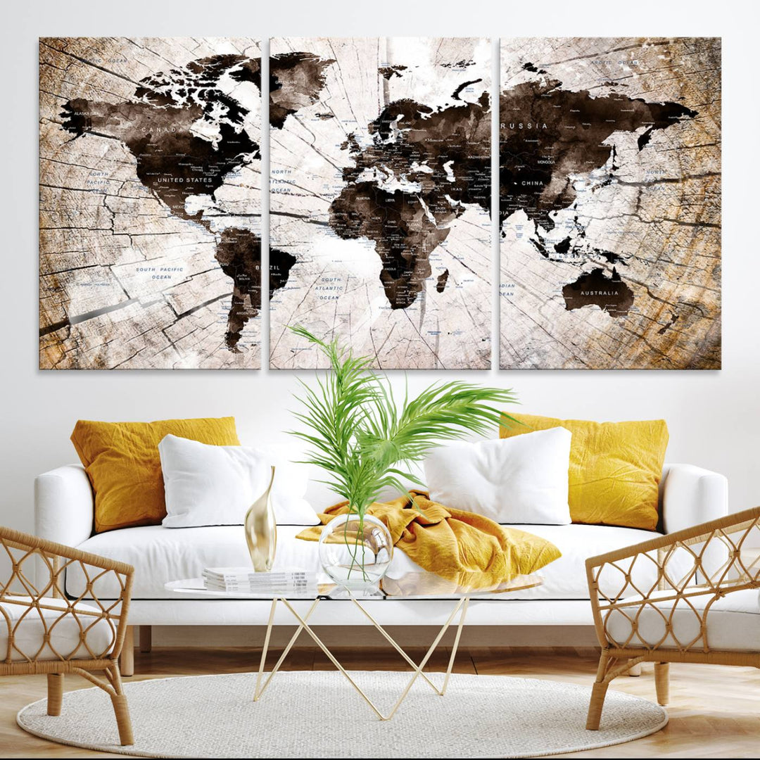 A Vintage World Map on Wood Style Canvas hangs prominently.