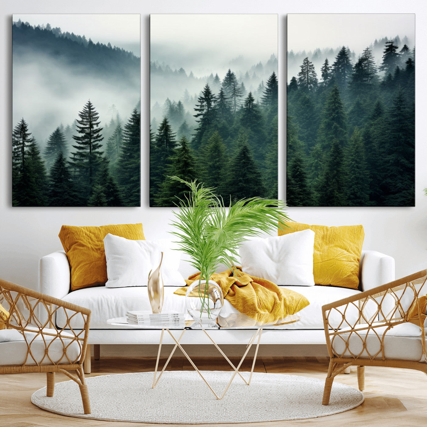 MGV-CV-60X30-3P - Captivating Misty Forest Wall Art Premium Canvas Print, Foggy and Serene Atmosphere Canvas Print