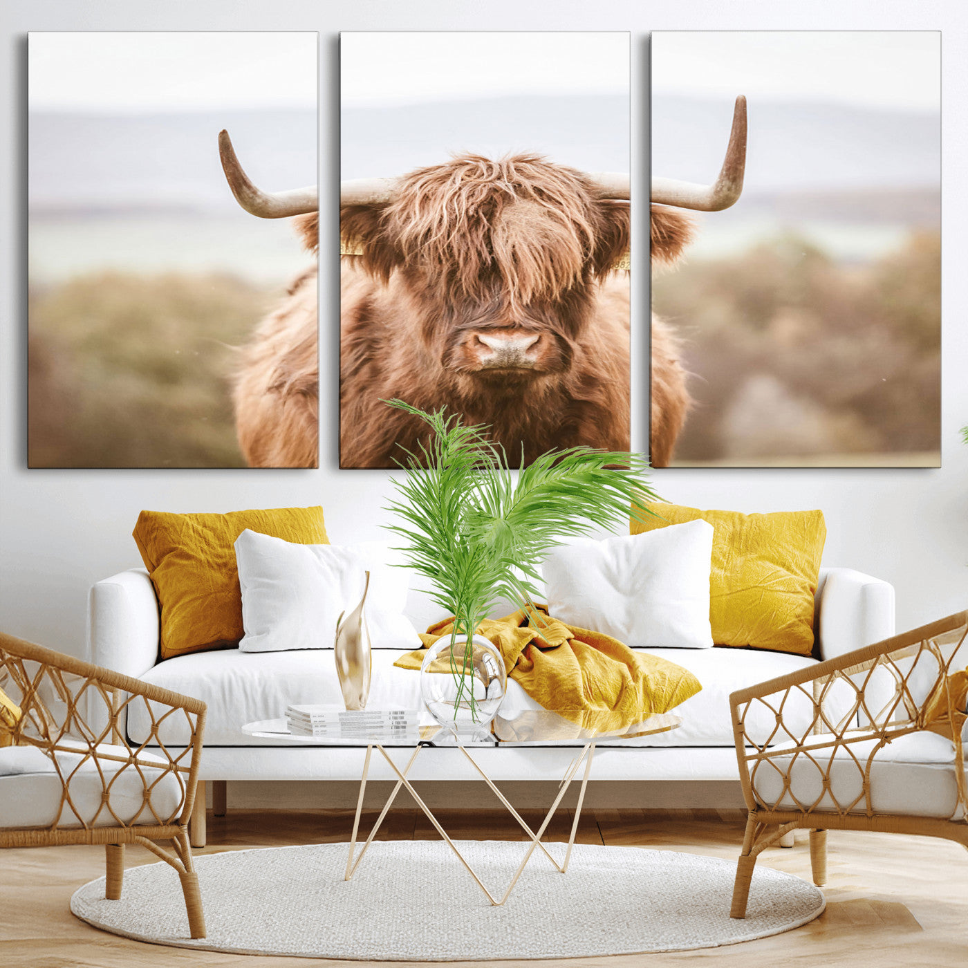 MGV-CV-60X30-3P - Scottish Serene Highland Cow Canvas Wall Art – Serene Highland Cow in Natural Pastel Tones – Ready