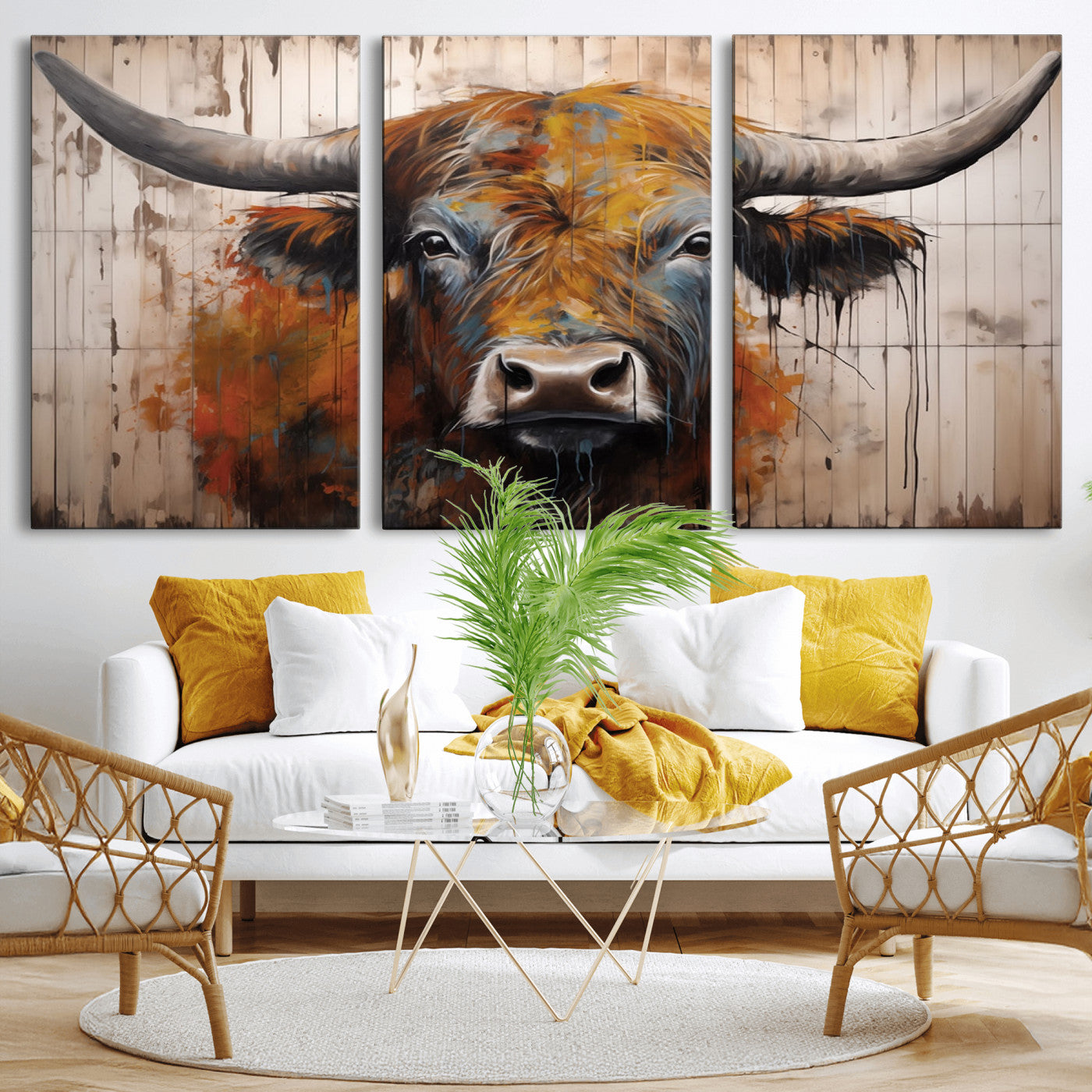 MGV-CV-60X30-3P - Abstract Bull Highland Cow Canvas Wall Art Print – Vibrant Rustic Charm in Modern Farmhouse Decor –