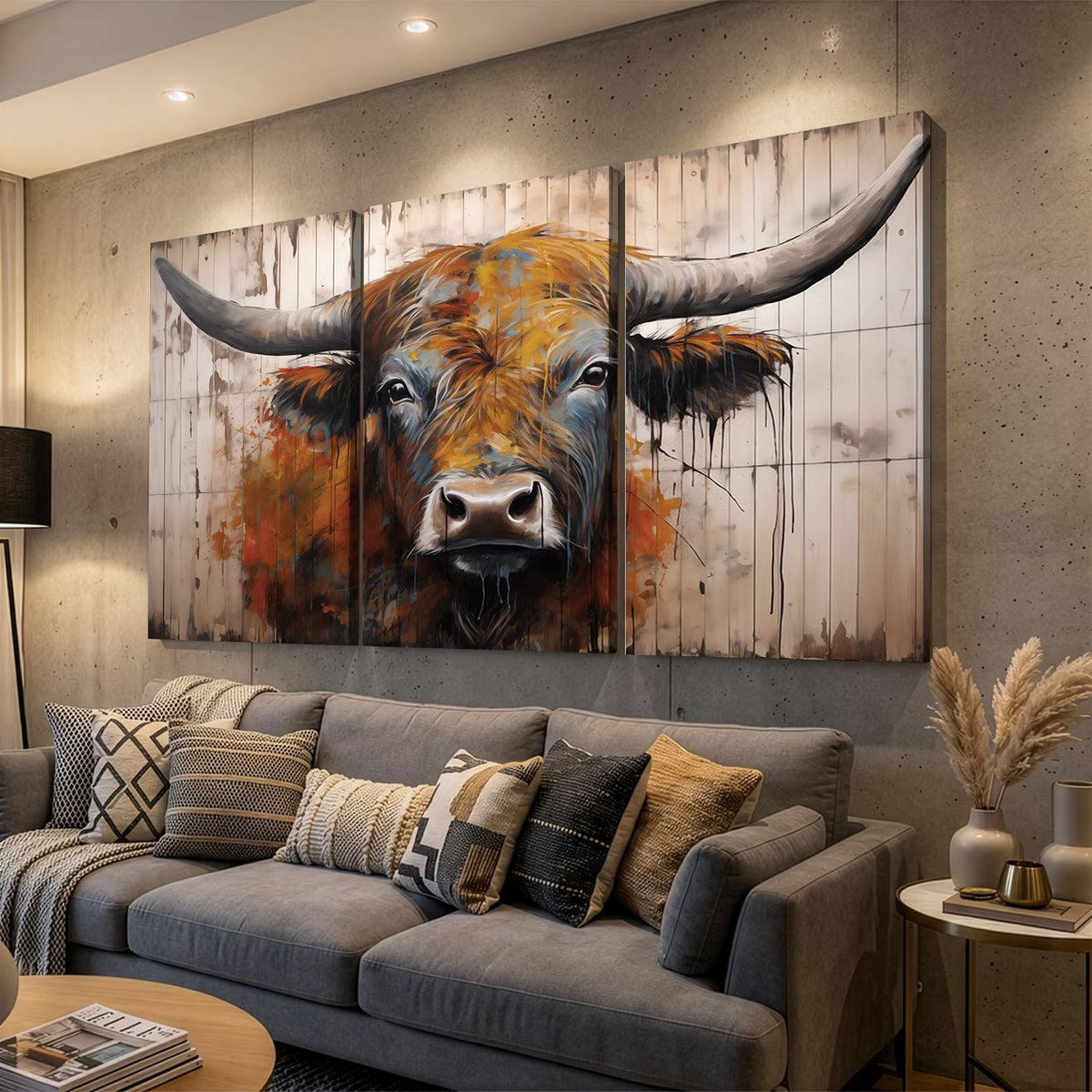 47284-MGV-CV-24X16 - Abstract Bull Highland Cow Canvas Wall Art Print