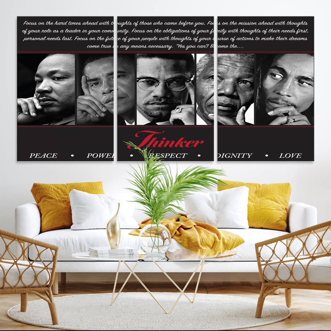 The Thinker Quintet Canvas Wall Art features portraits of Martin, Obama, Malcolm X, Mandela, and Marley, each representing virtues such as Peace and Power.