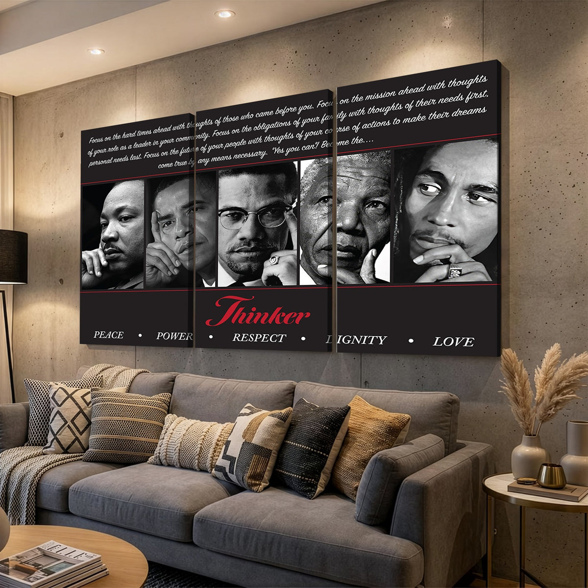 45112-MGV-CV-24X16 - Thinker Quintet Canvas Wall Art | Martin, Obama, Malcolm X, Mandela, Marley, Peace Power Respect Dignity Love