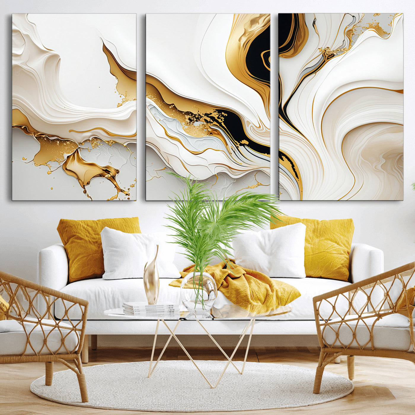 -Gold Waves on Pure White Canvas – Gold Abstract Art for Modern Interiors | Wall Art Canvas, Framed &