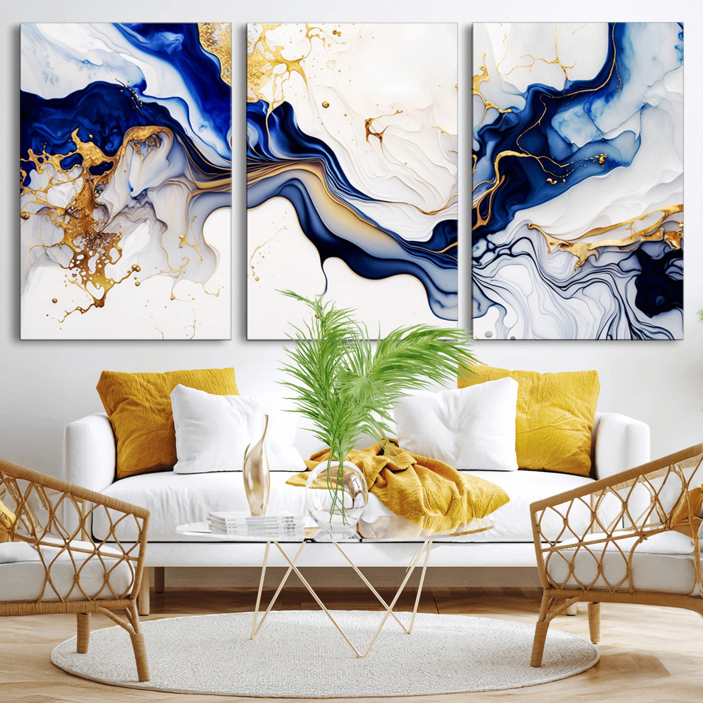 MGV-CV-60X30-3P - Golden Cascades on Midnight Blue – Deep Blue Abstract Wall Art Flowing Elegance | Wall Art Canvas,
