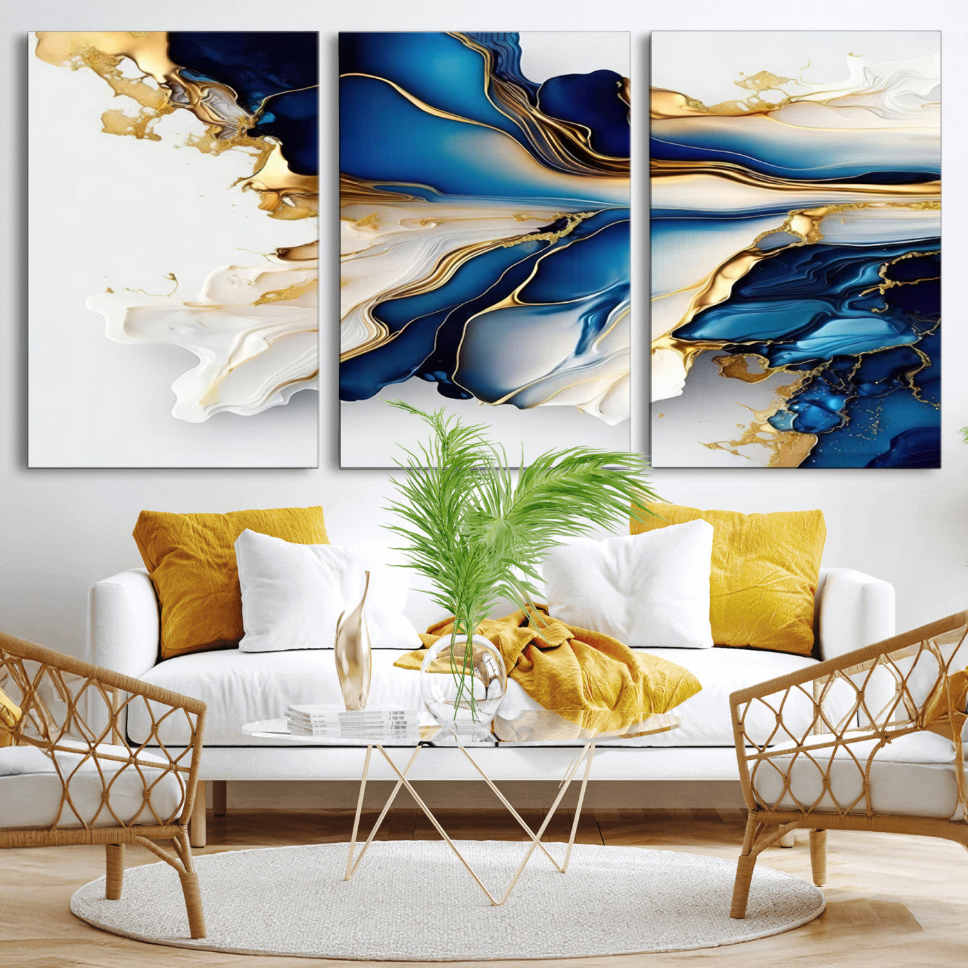 MGV-CV-60X30-3P - Gold Marble Art - Abstract Geode Gold And Blue Marble Shape 3 Pieces Wall Art Canvas Print