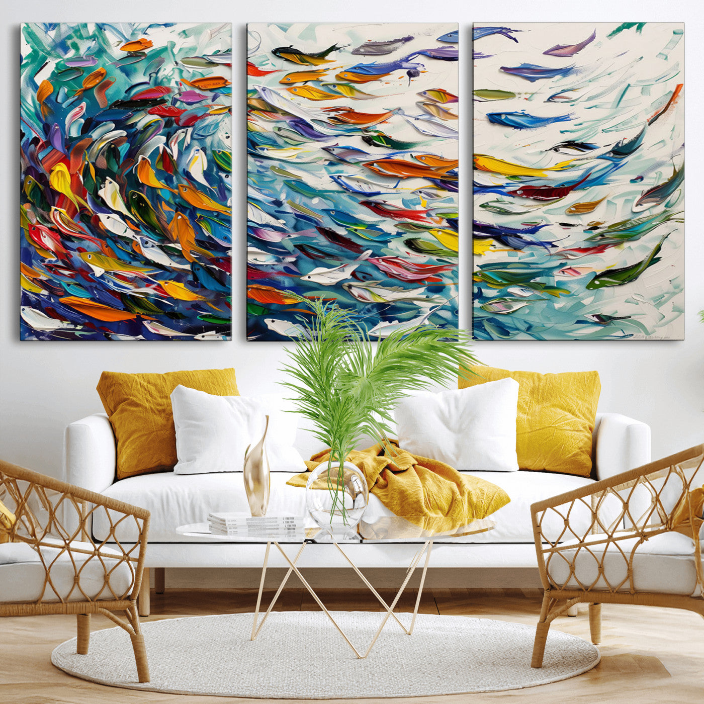 MGV-CV-60X30-3P - Modern Abstract Fish Shoal Wall Art Canvas Print, Colorful Fish Herd Painting on Canvas Print, Ocean