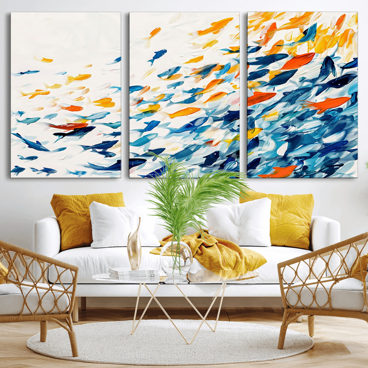 MGV-CV-60X30-3P - Abstract Fish Shoal Wall Art Canvas Print, Colorful Fish Herd Painting on Canvas Print, Ocean Animal