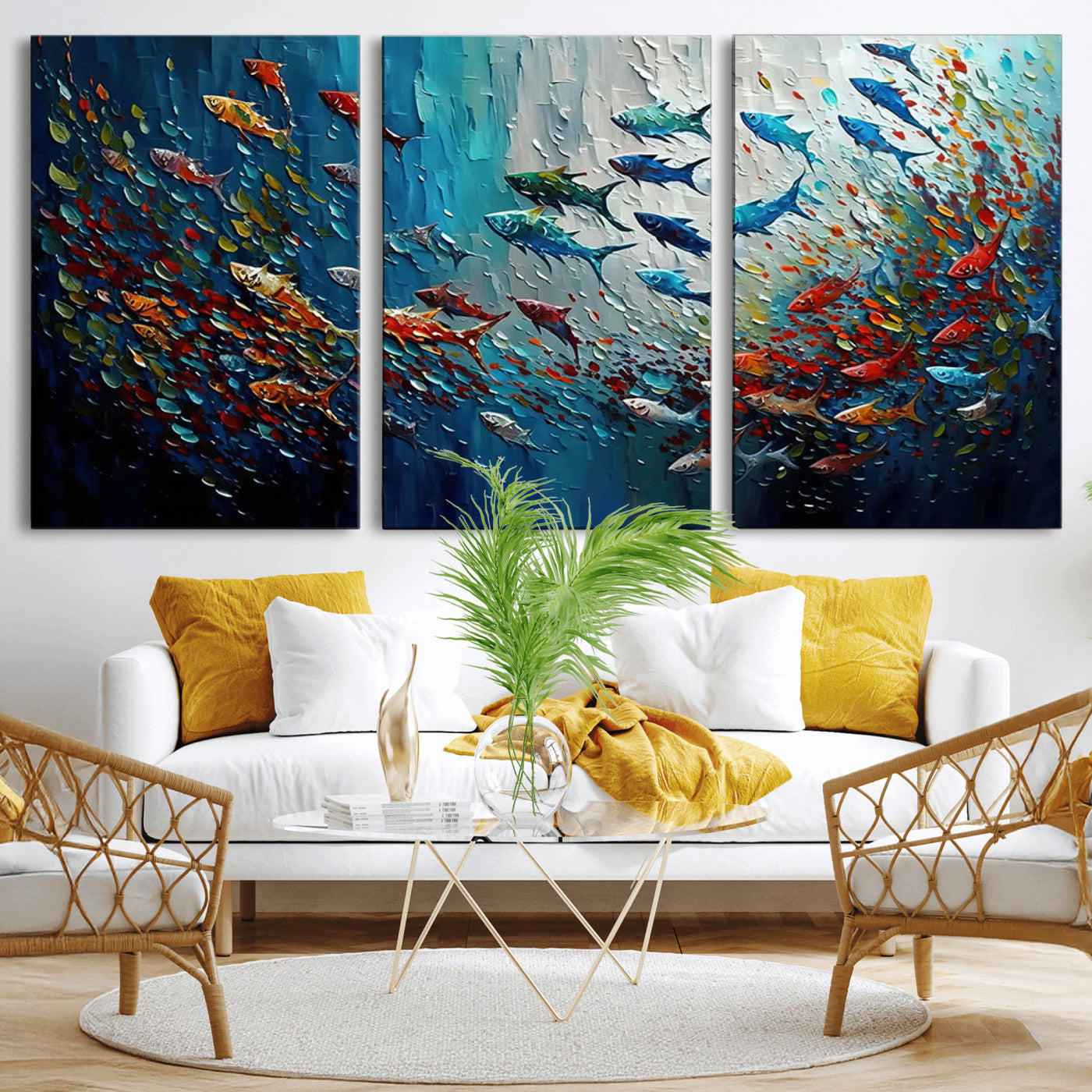 MGV-CV-60X30-3P - Modern Abstract Fish Shoal Wall Art Canvas Print, Colorful Fish Herd Painting on Canvas Print, Ocean