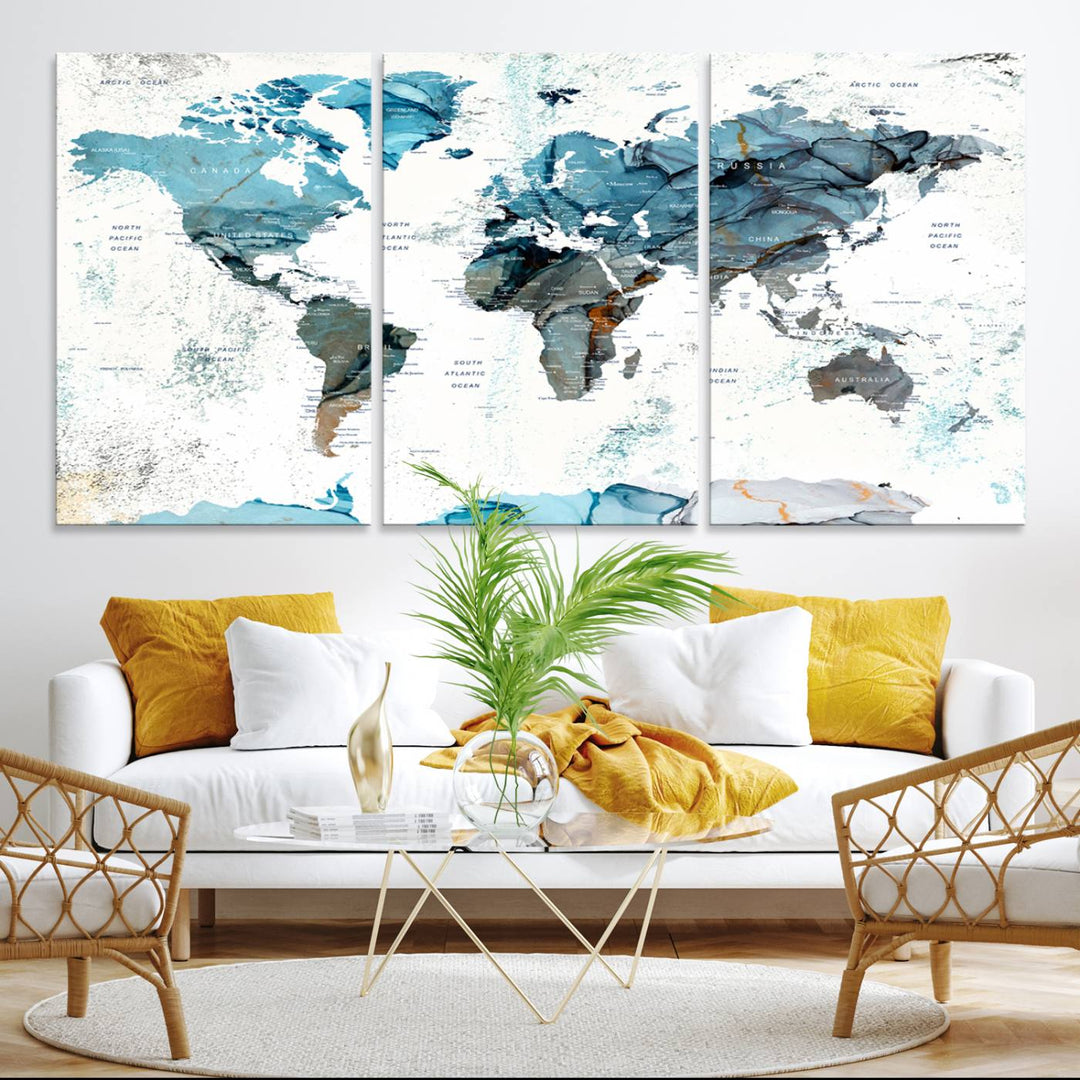 Push Pin World Map Wall Art Canvas Print adds a touch of elegance to the home decor.