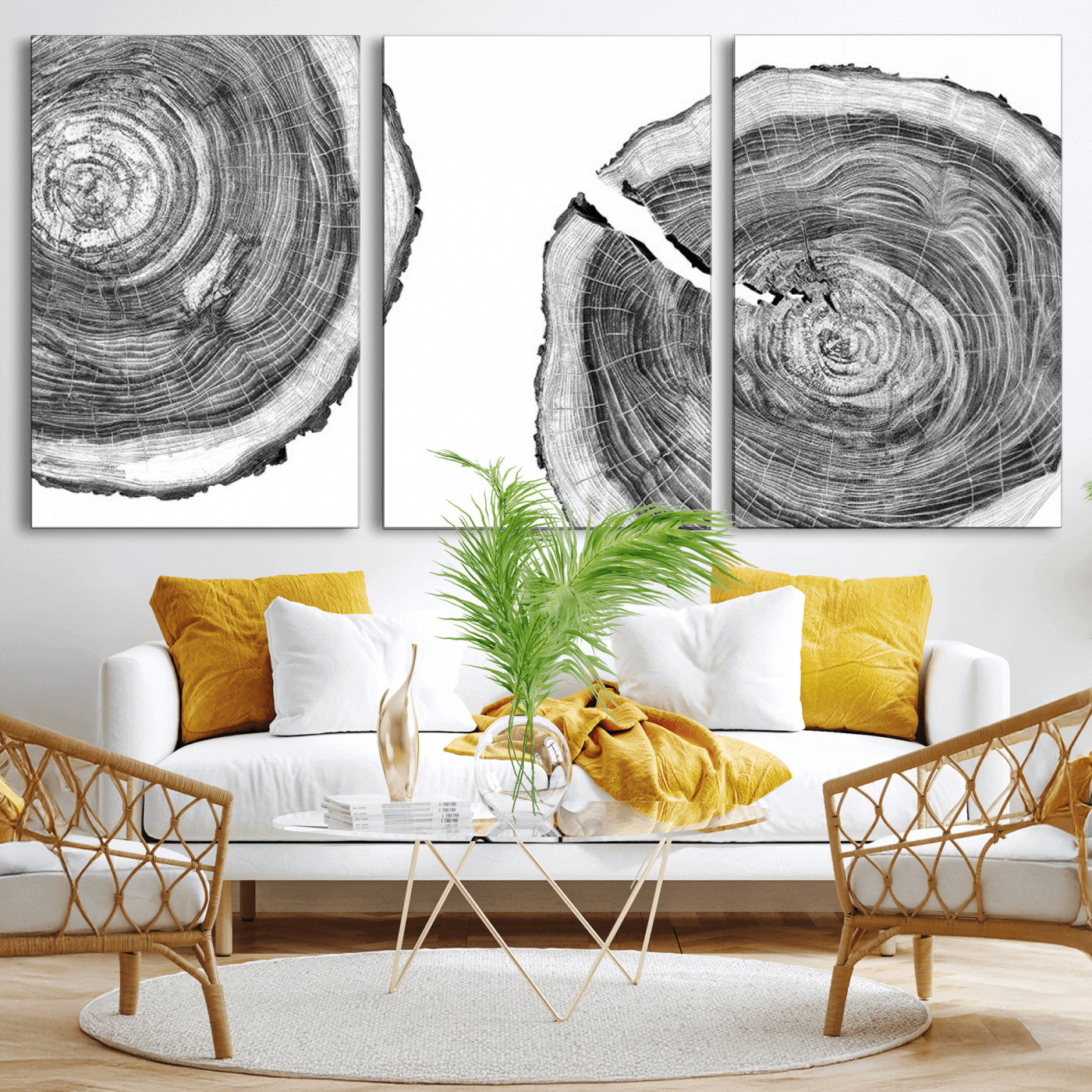 MGV-CV-60X30-3P - Modern Black and White Tree Rings Canvas Wall Art – Nature Inspired Wood Slice Print – Minimalist