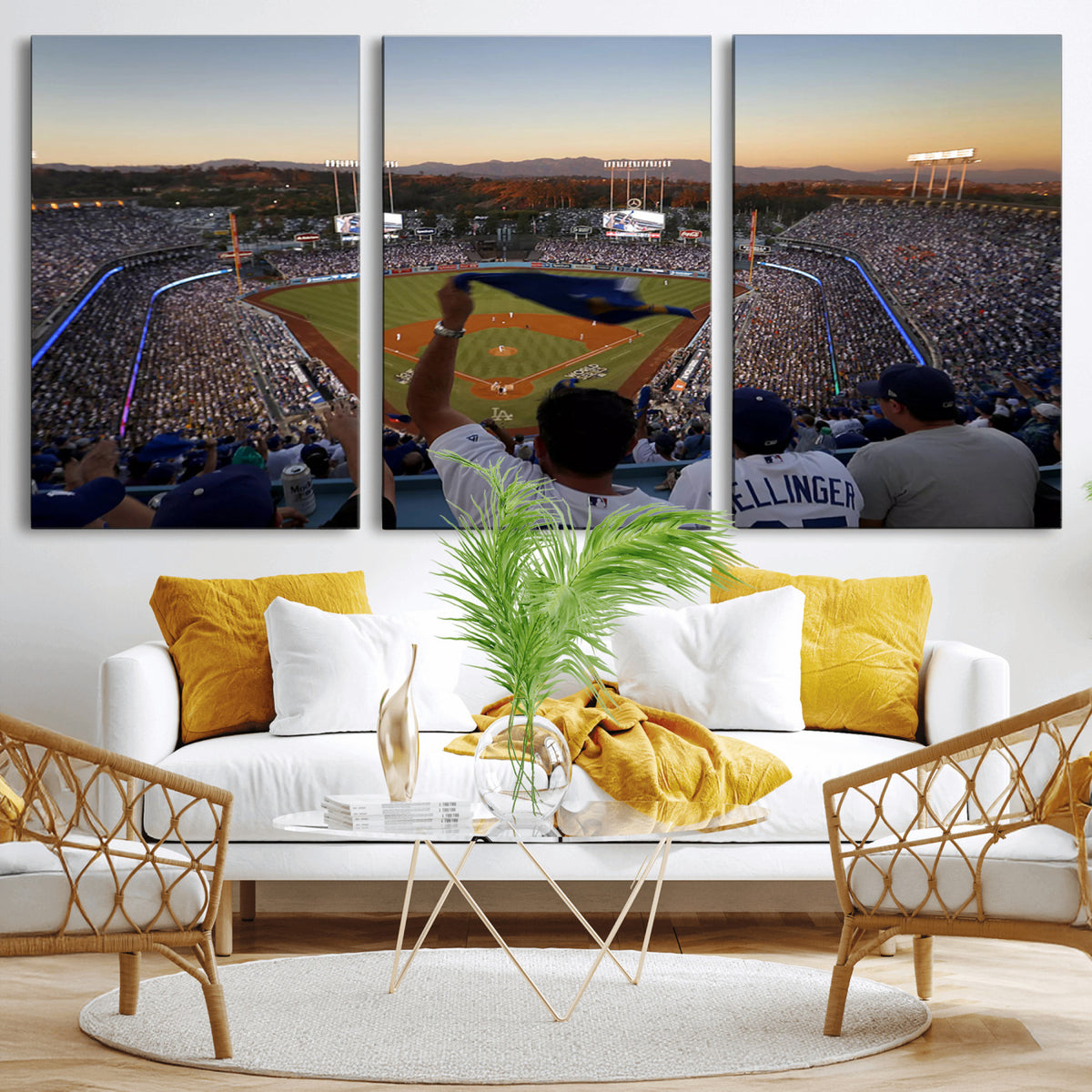 60162-MGV-CV-36X24 - Dodger Stadium Sunset Game Triple Canvas Wall Art, Los Angeles Dodgers MLB Match