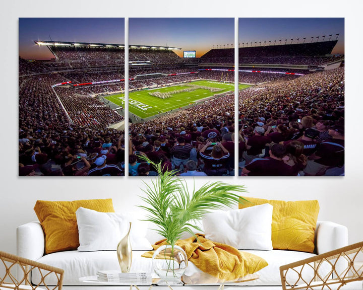 A vibrant canvas print of Texas A&M Aggies at College Stations Kyle Field Stadium captures the energy of fans cheering as the band marches at sunset.