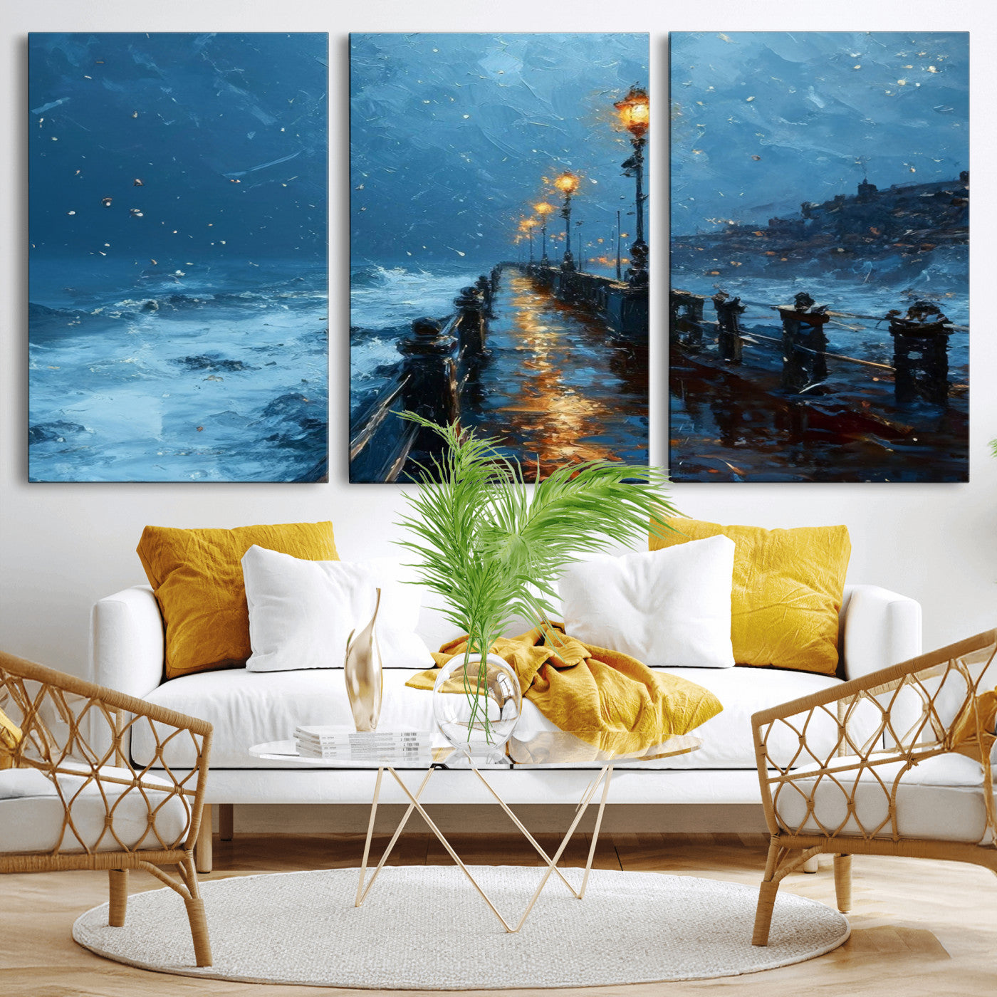 MGV-CV-60X30-3P - Stormy Night at Beach Pier Oil Painting Large Wall Art Print, Framed Canvas Nature Wall Decor,