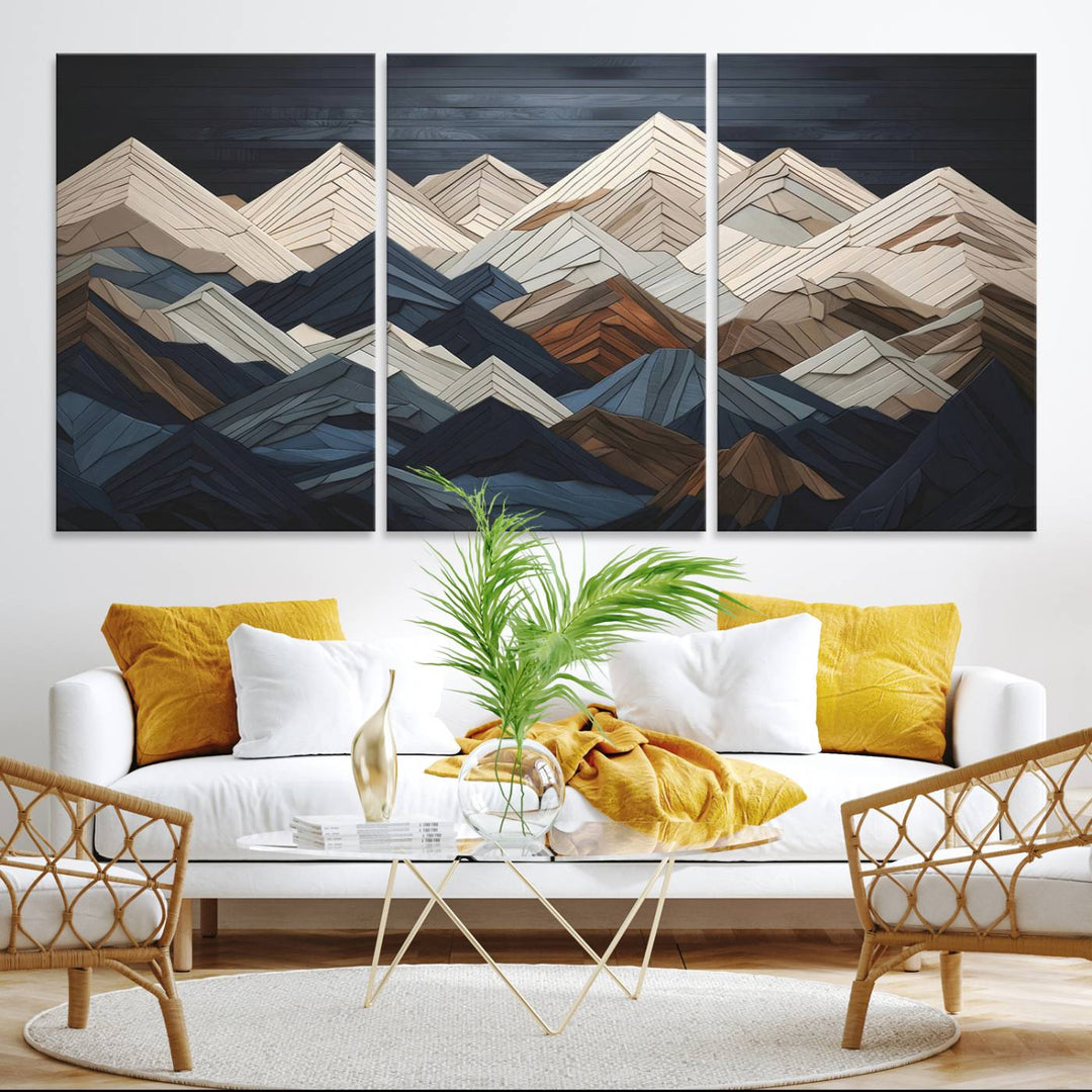 Wood Mountain Range Wall Art - Ready to Hang 3-Piece Set for Modern Rustic Decor, Abstract Wooden Design for Living Rooms Offices