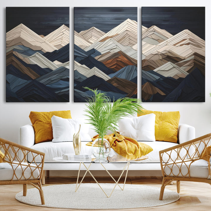 Rustic Mountain Landscape Wall Art Print - Wooden 3D Effect Mountain Canvas Print - Textured Peaks Wall Art for Cabin or Lodge Decor