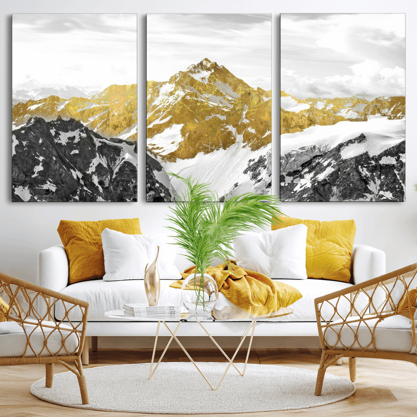 MGV-CV-60X30-3P - Gold Abstract Mountains Wall Art Print on Canvas, Nature Wall Art Print,